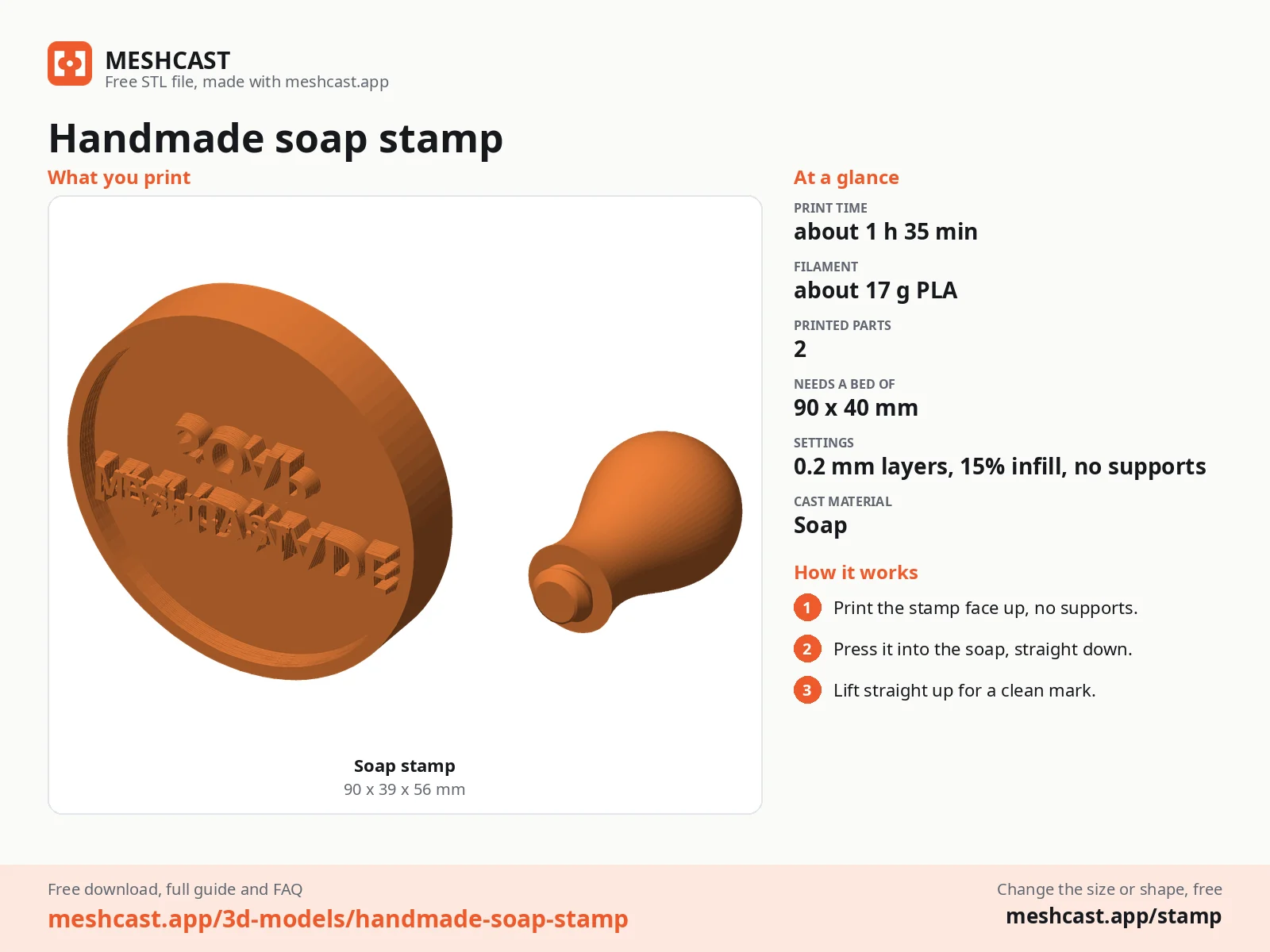 Handmade soap stamp at a glance: every printed part with its size, print time, filament, print settings and the three steps to use it
