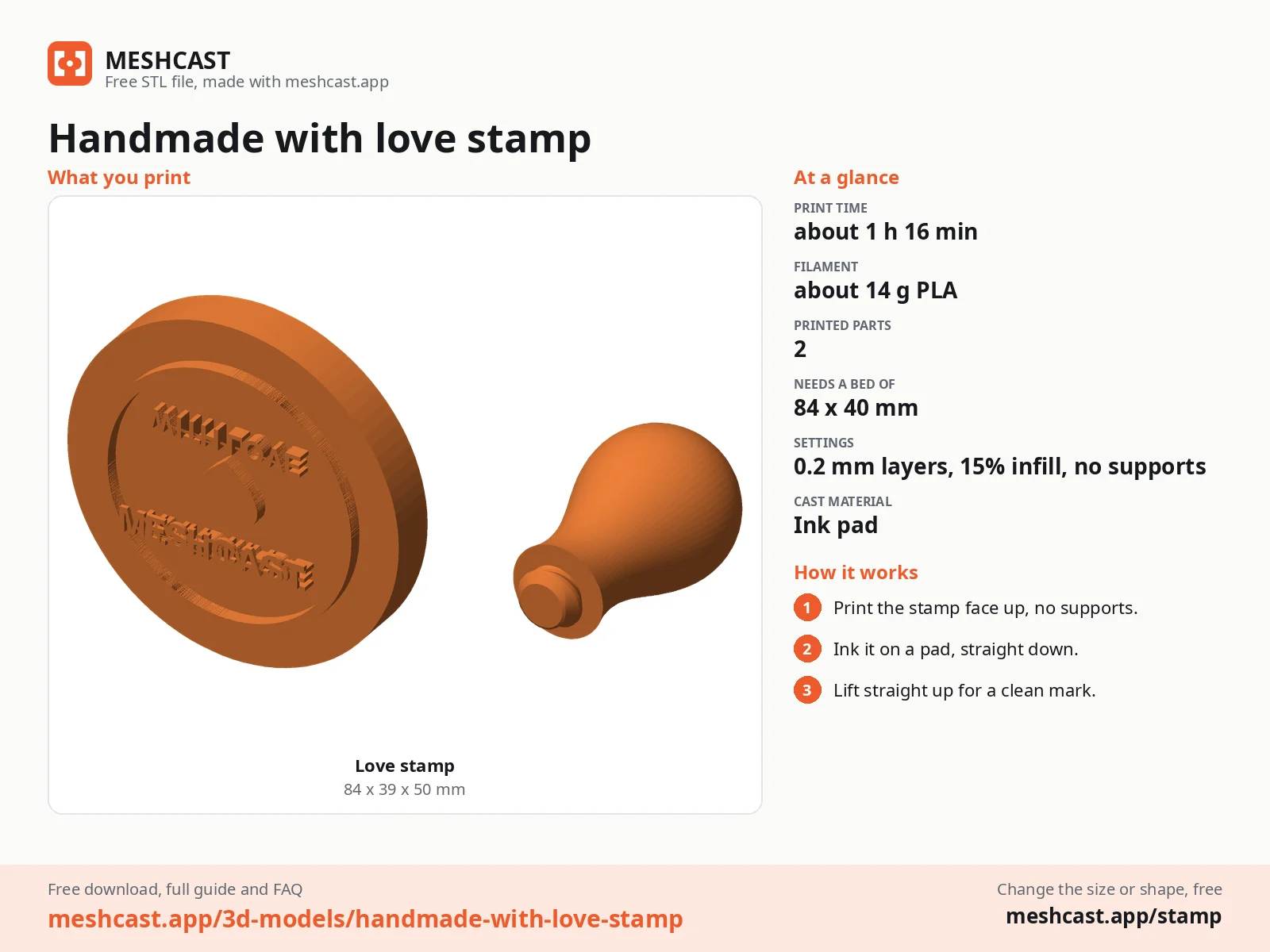Handmade with love stamp at a glance: every printed part with its size, print time, filament, print settings and the three steps to use it