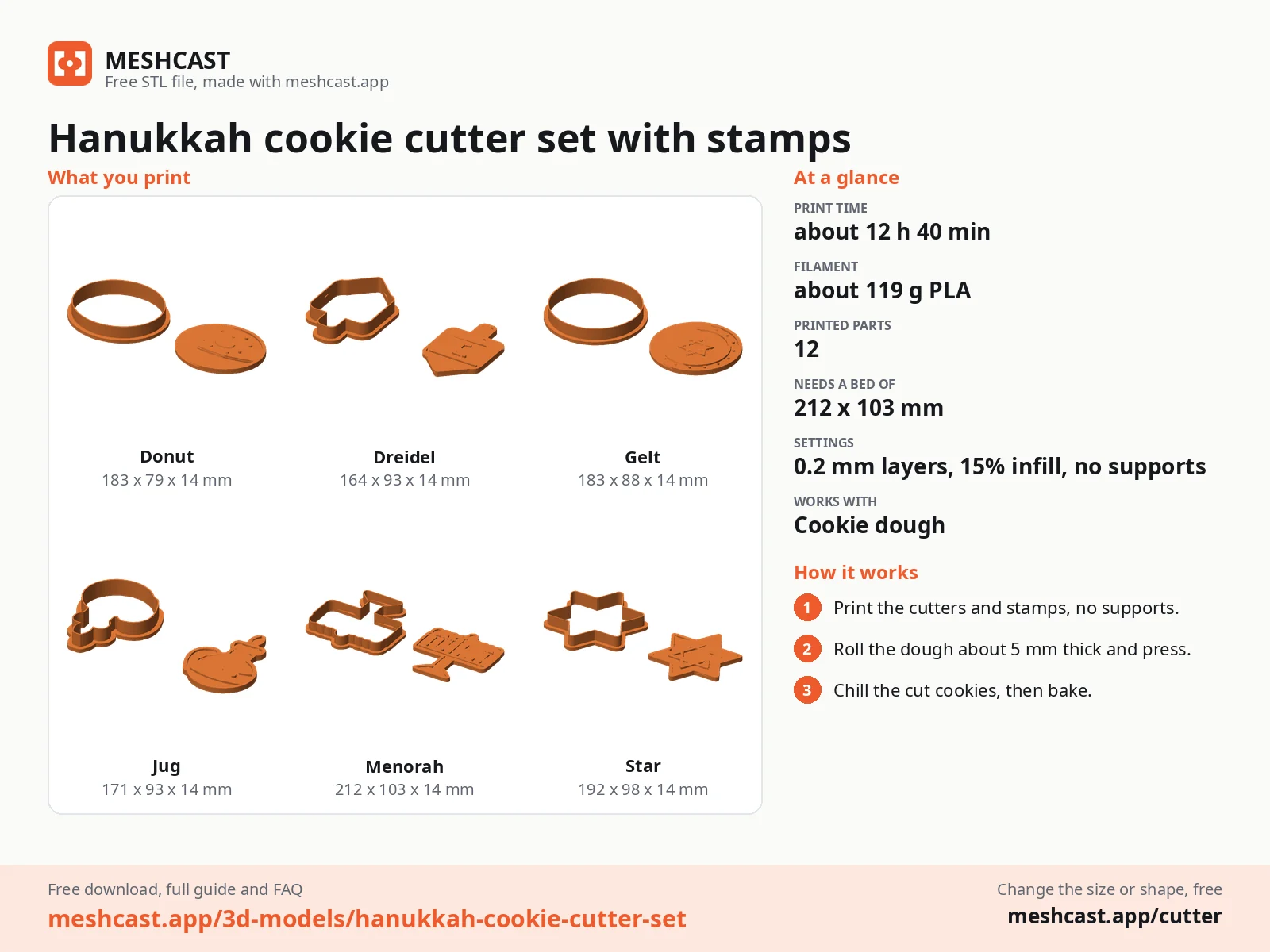 Hanukkah cookie cutter set with stamps at a glance: every printed part with its size, print time, filament, print settings and the three steps to use it