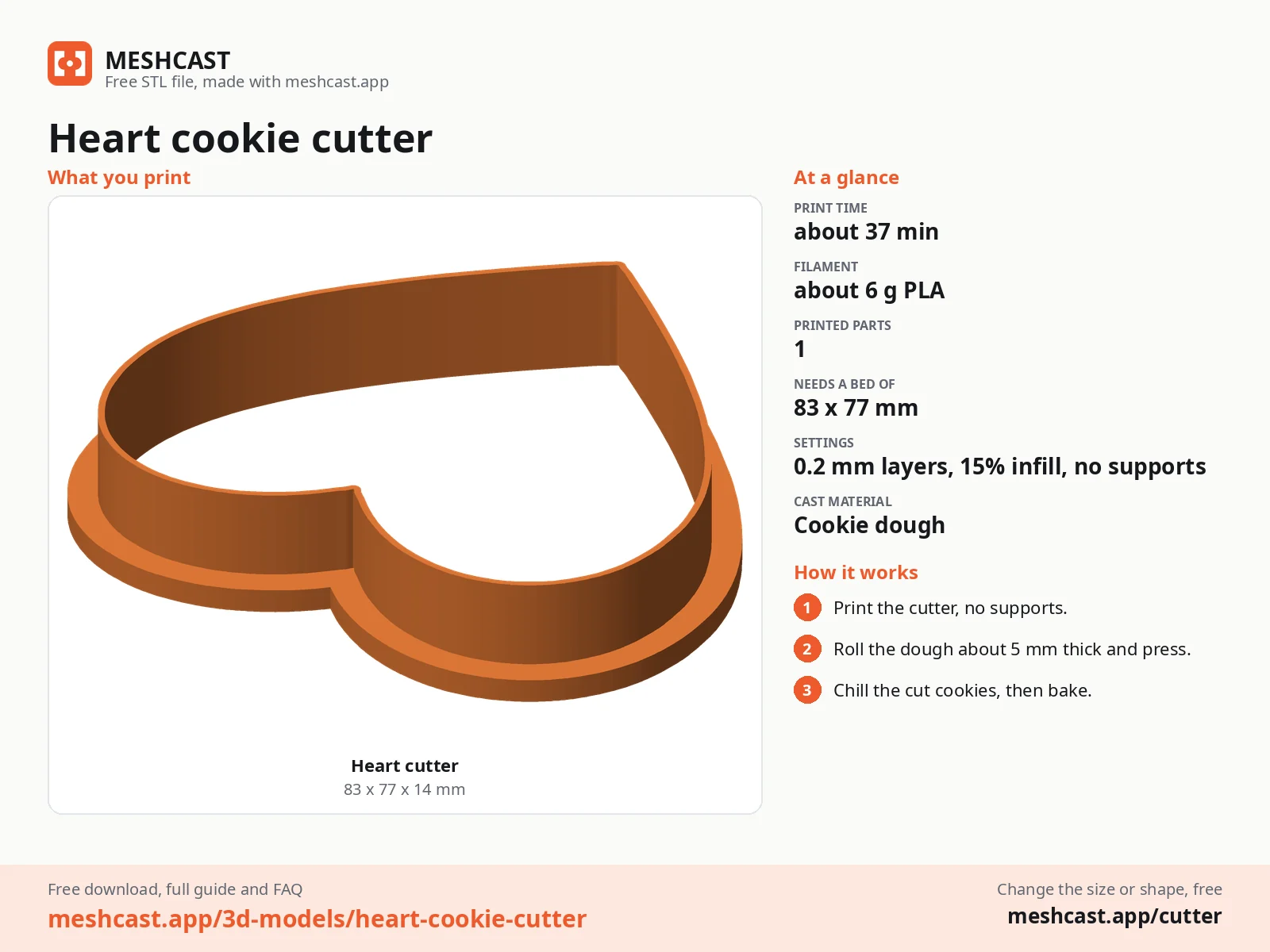Heart cookie cutter at a glance: every printed part with its size, print time, filament, print settings and the three steps to use it