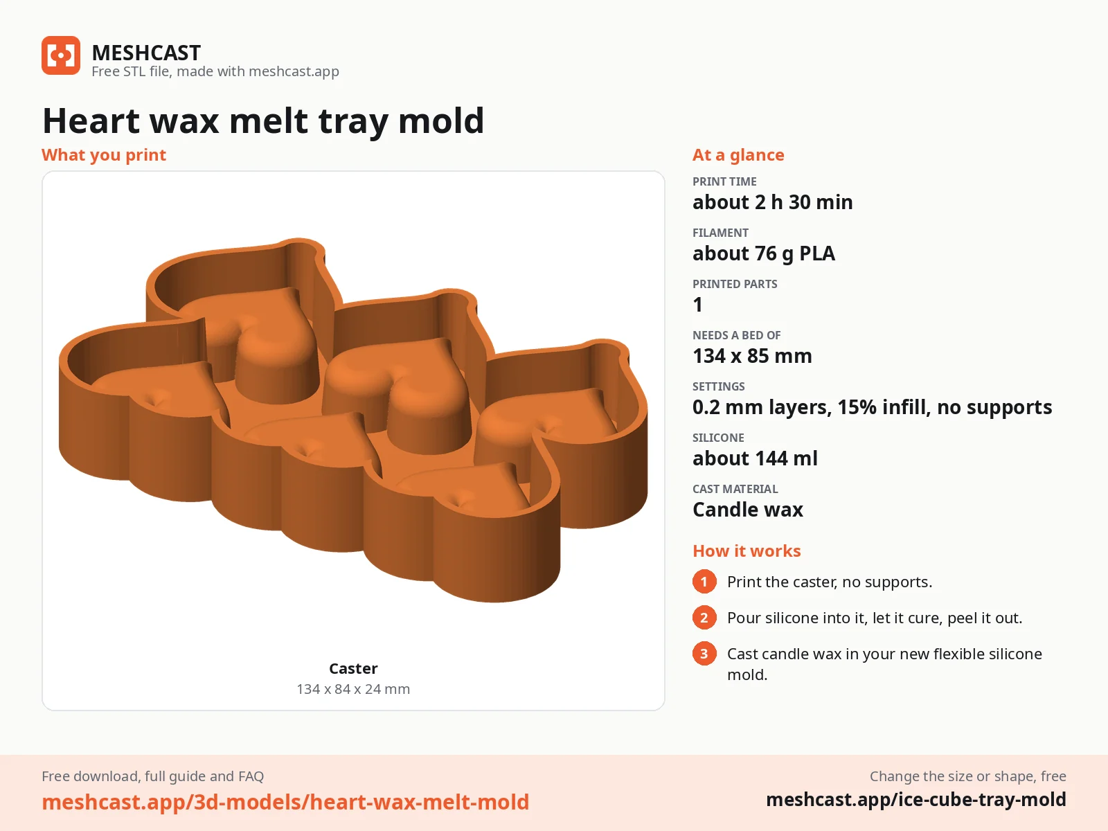 Heart wax melt tray mold at a glance: every printed part with its size, print time, filament, print settings and the three steps to use it
