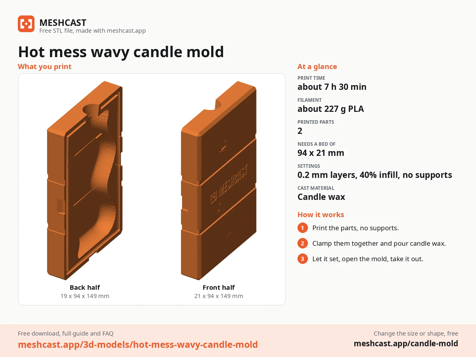 Hot mess wavy candle mold at a glance: every printed part with its size, print time, filament, print settings and the three steps to use it