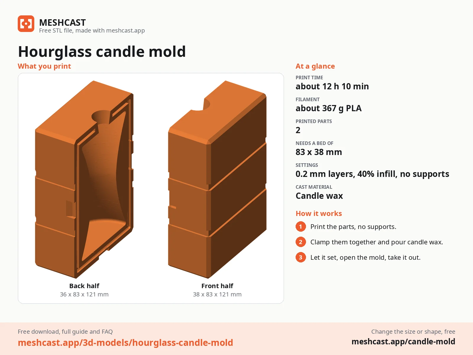 Hourglass candle mold at a glance: every printed part with its size, print time, filament, print settings and the three steps to use it