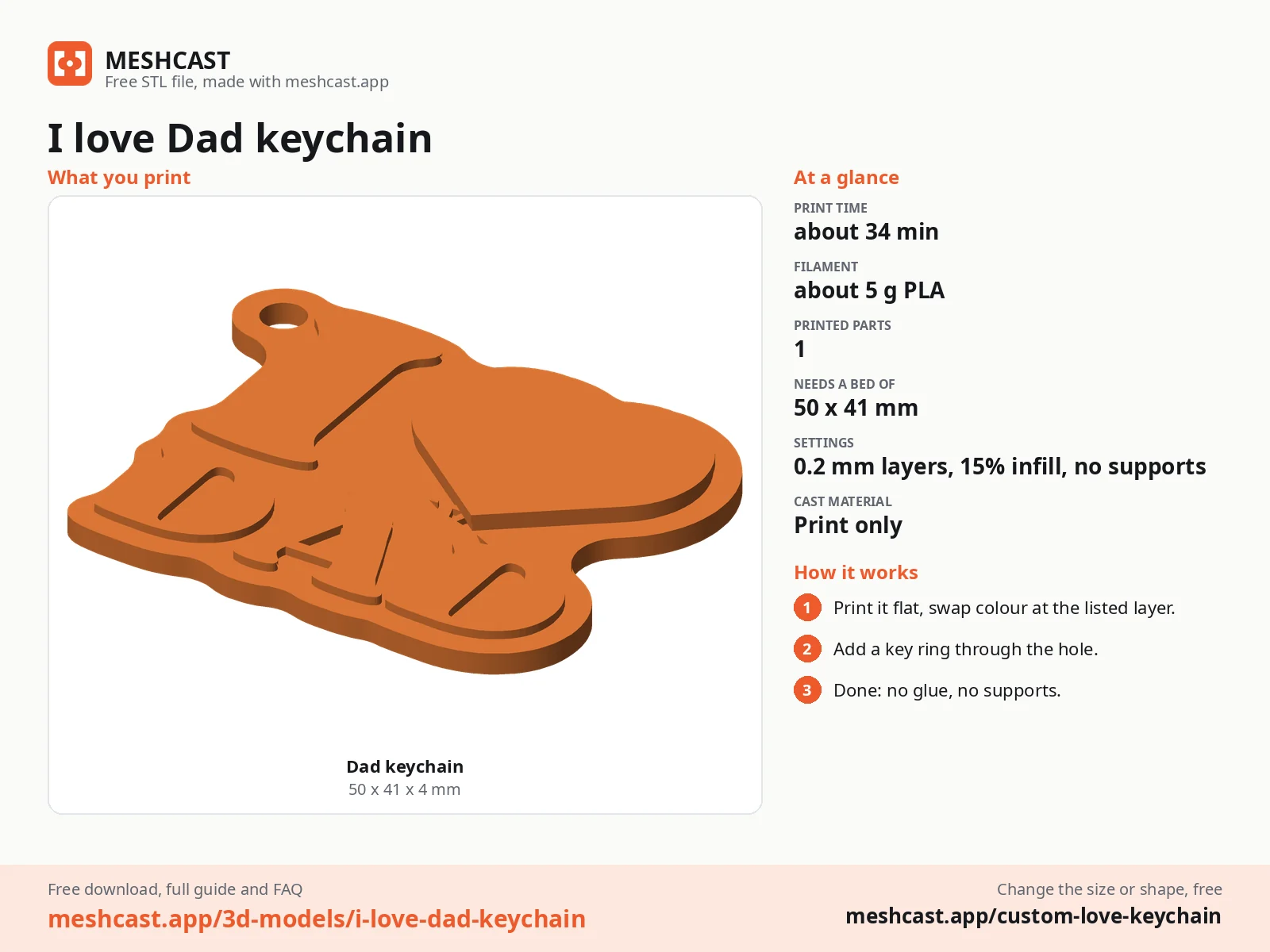 I love Dad keychain at a glance: every printed part with its size, print time, filament, print settings and the three steps to use it