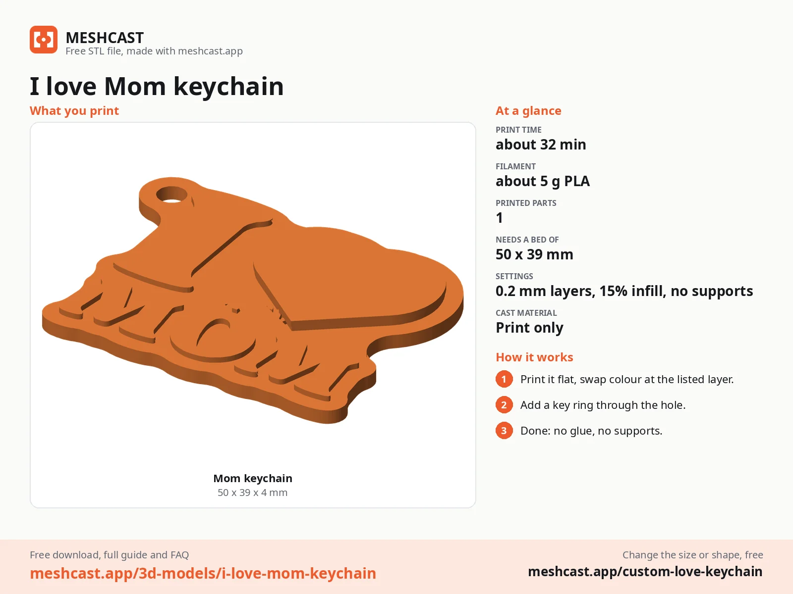I love Mom keychain at a glance: every printed part with its size, print time, filament, print settings and the three steps to use it