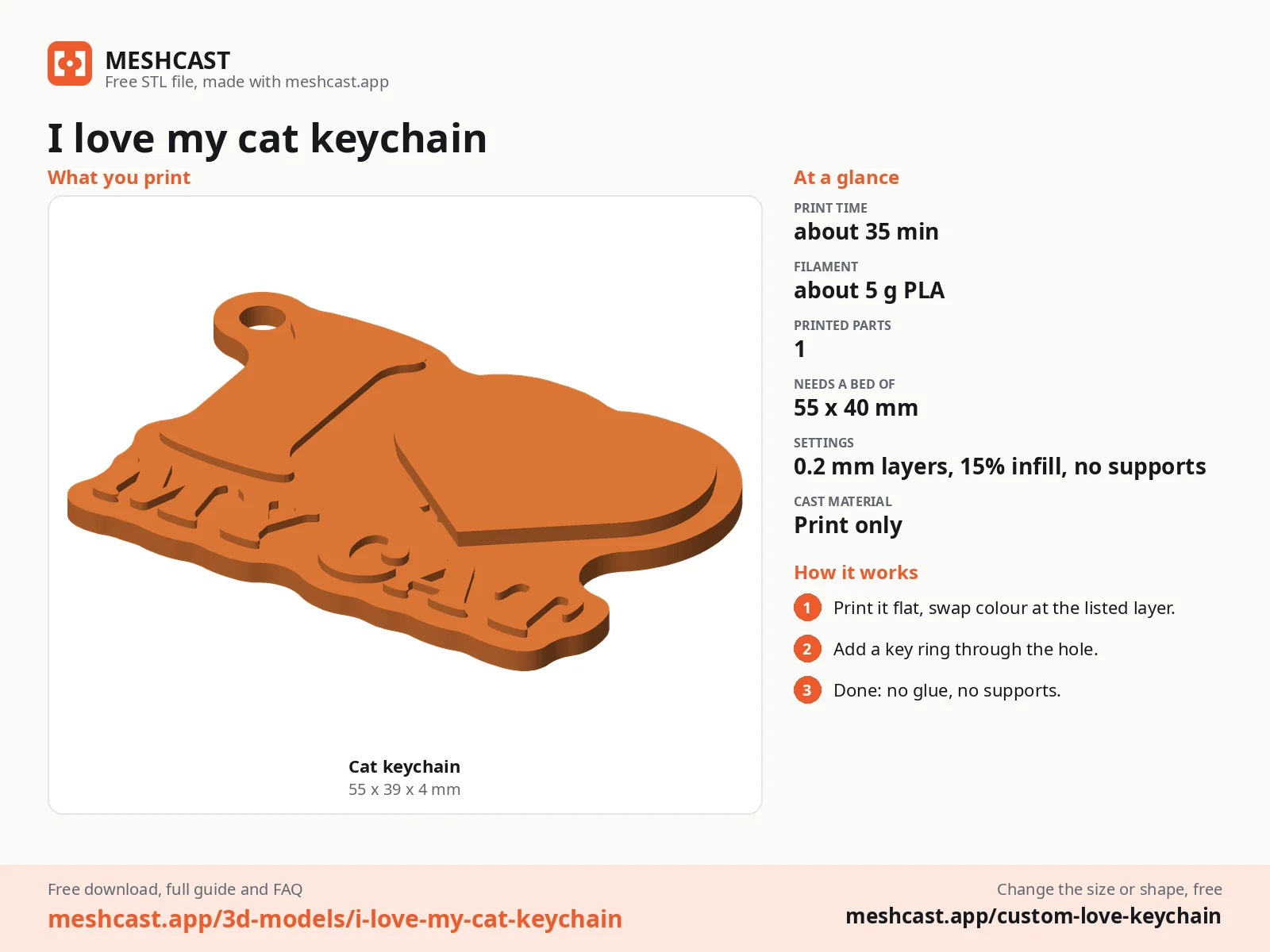 I love my cat keychain at a glance: every printed part with its size, print time, filament, print settings and the three steps to use it