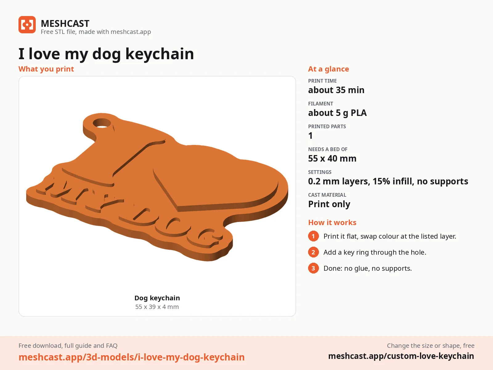 I love my dog keychain at a glance: every printed part with its size, print time, filament, print settings and the three steps to use it