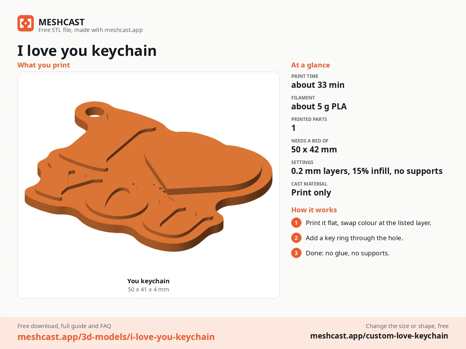 I love you keychain at a glance: every printed part with its size, print time, filament, print settings and the three steps to use it