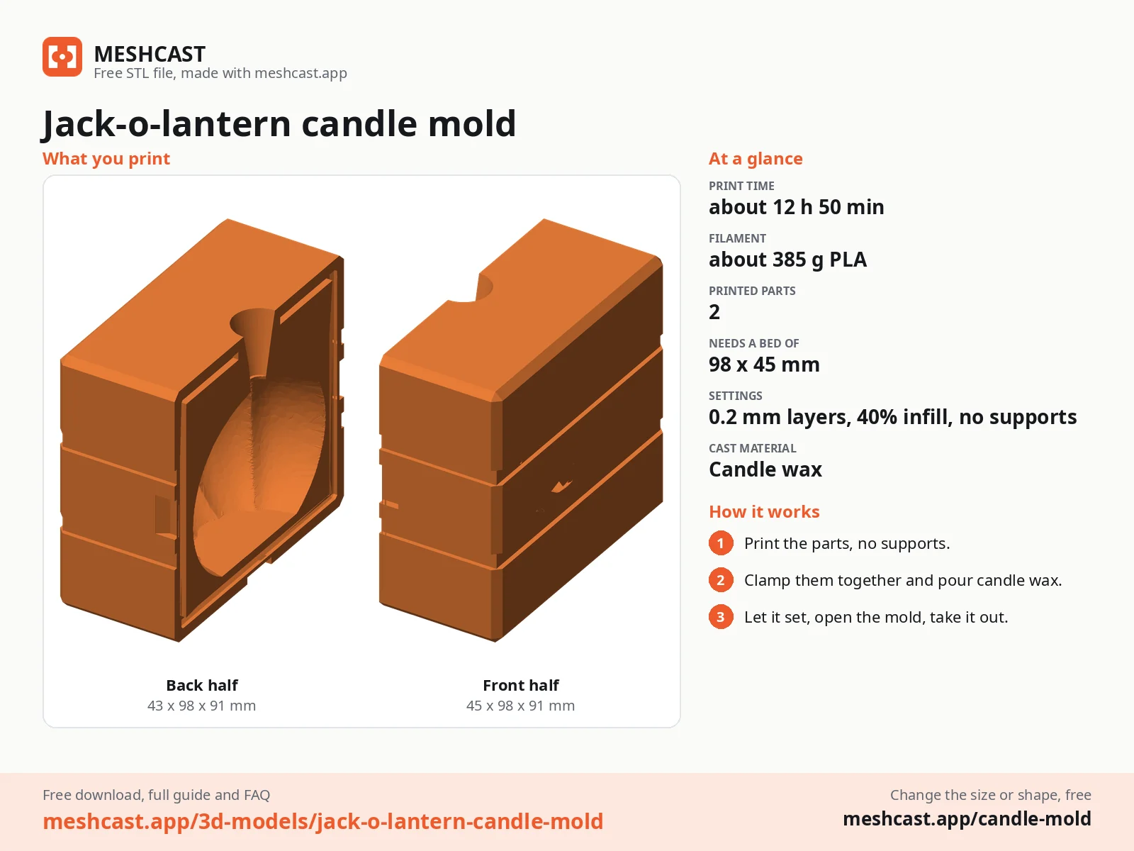 Jack-o-lantern candle mold at a glance: every printed part with its size, print time, filament, print settings and the three steps to use it