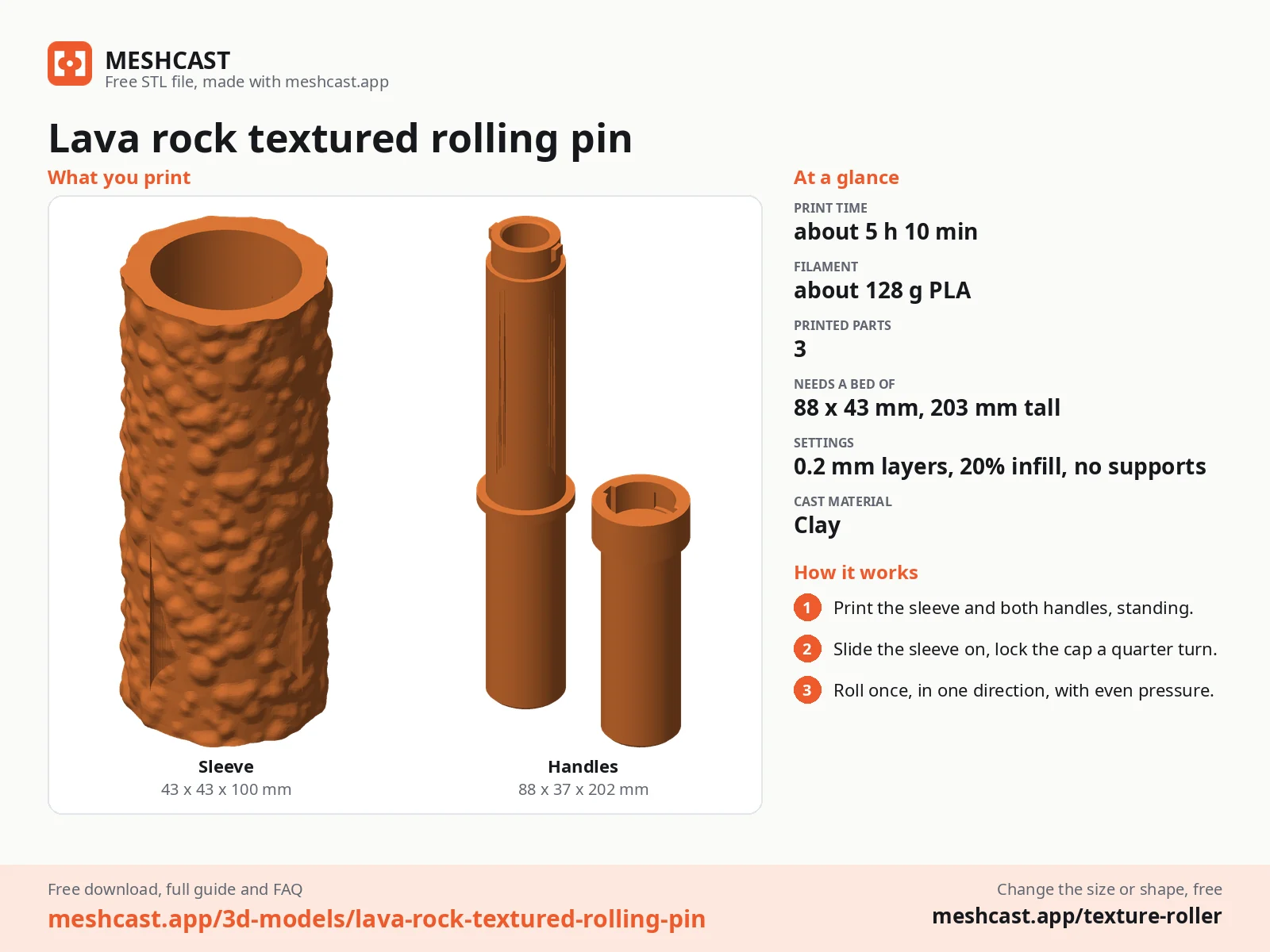 Lava rock textured rolling pin at a glance: every printed part with its size, print time, filament, print settings and the three steps to use it