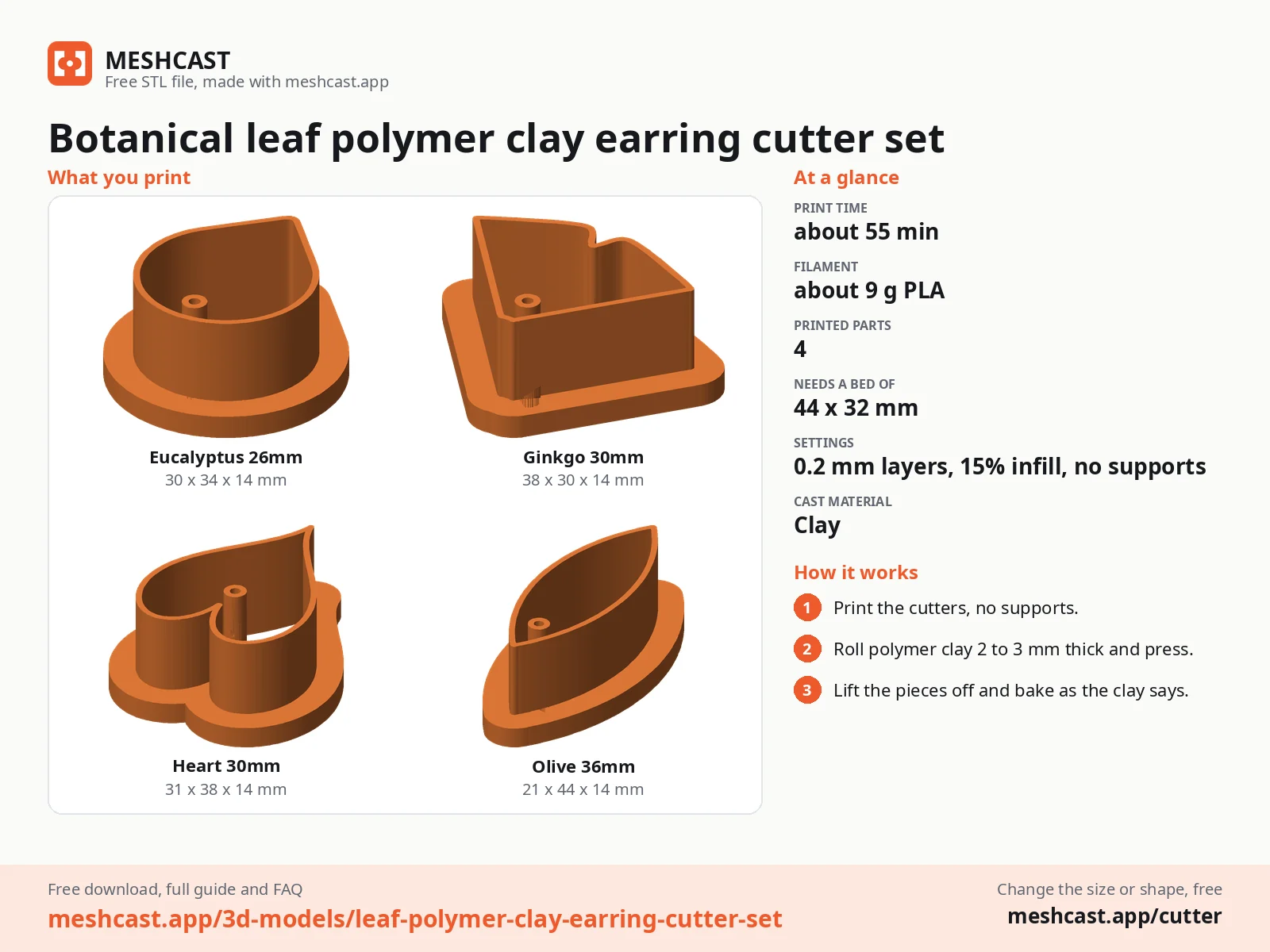 Botanical leaf polymer clay earring cutter set at a glance: every printed part with its size, print time, filament, print settings and the three steps to use it