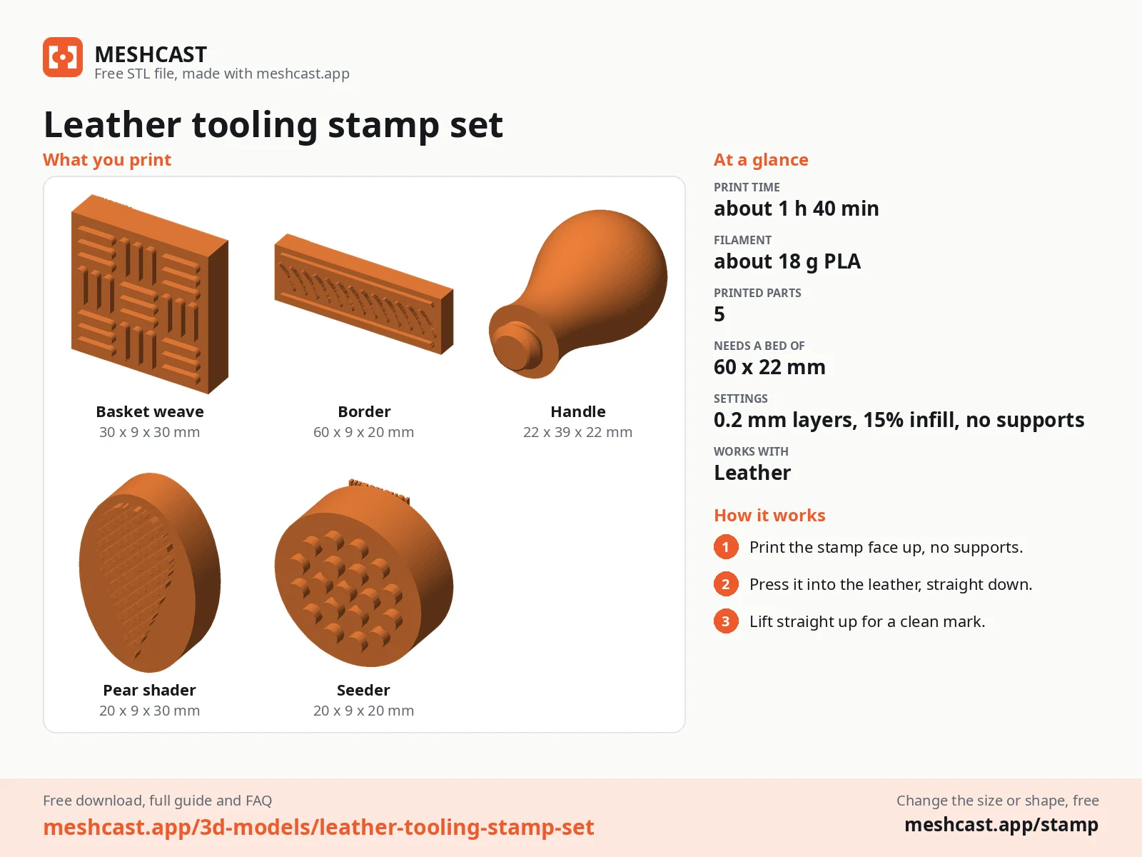 Leather tooling stamp set at a glance: every printed part with its size, print time, filament, print settings and the three steps to use it