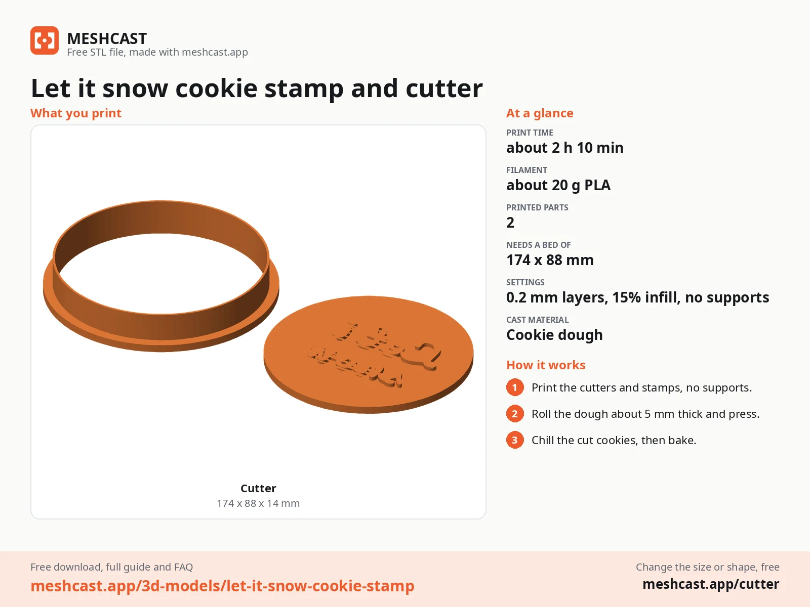 Let it snow cookie stamp and cutter at a glance: every printed part with its size, print time, filament, print settings and the three steps to use it