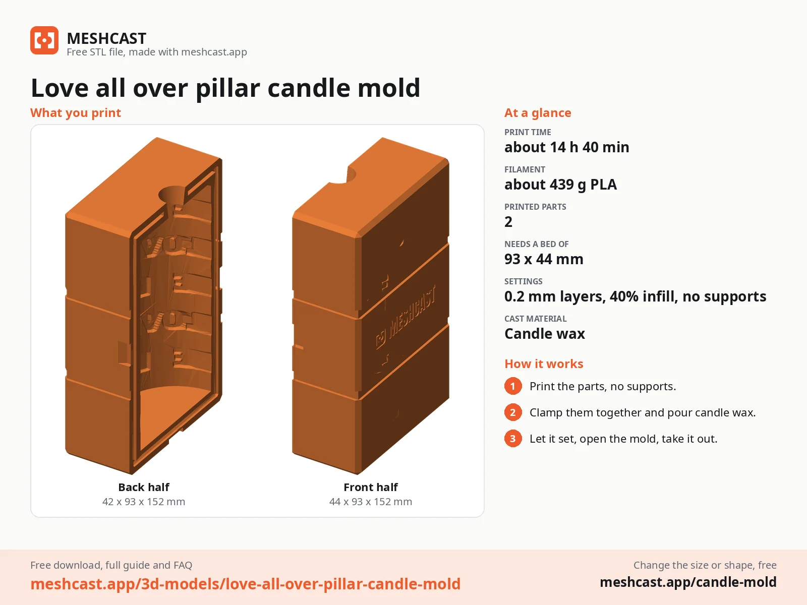 Love all over pillar candle mold at a glance: every printed part with its size, print time, filament, print settings and the three steps to use it
