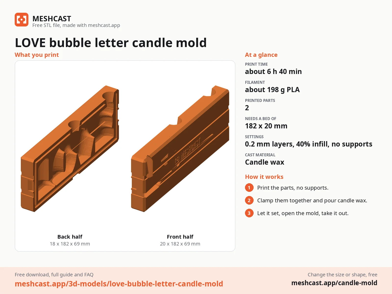 LOVE bubble letter candle mold at a glance: every printed part with its size, print time, filament, print settings and the three steps to use it