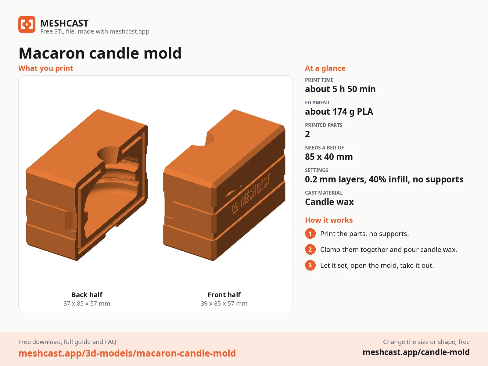 Macaron candle mold at a glance: every printed part with its size, print time, filament, print settings and the three steps to use it