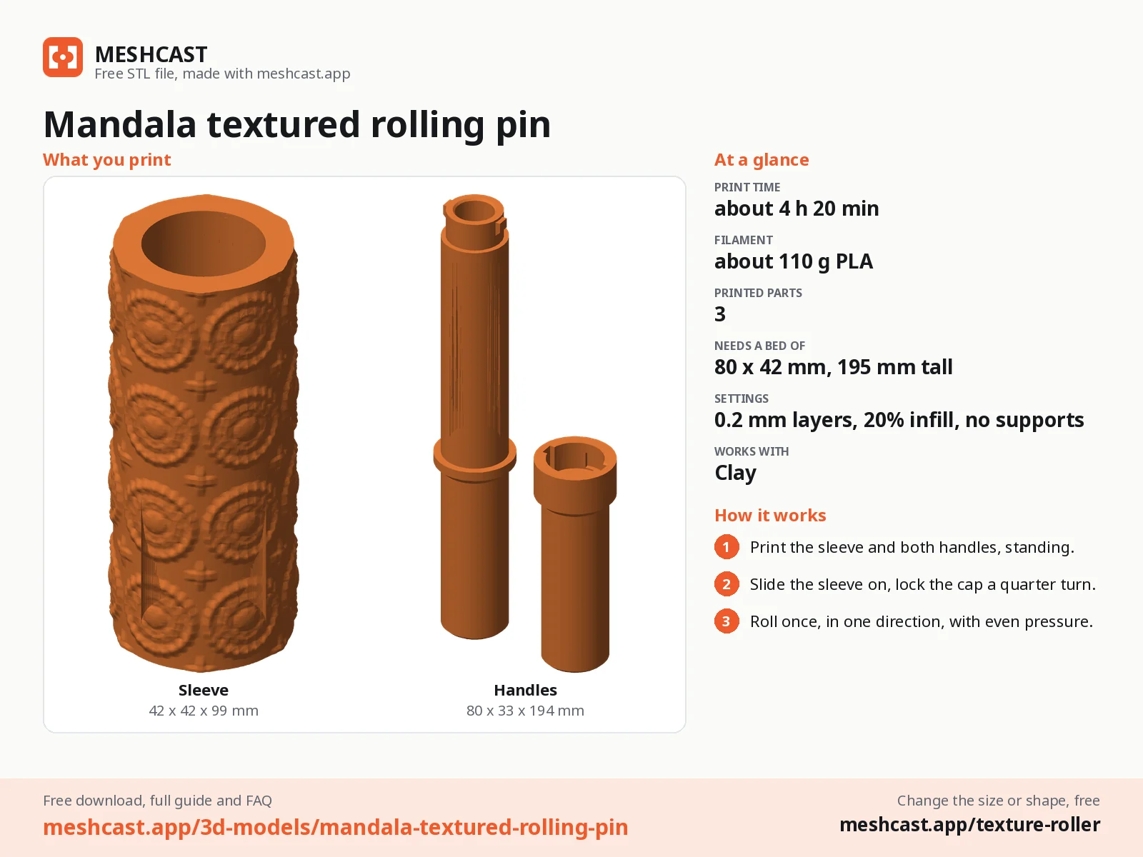 Mandala textured rolling pin at a glance: every printed part with its size, print time, filament, print settings and the three steps to use it