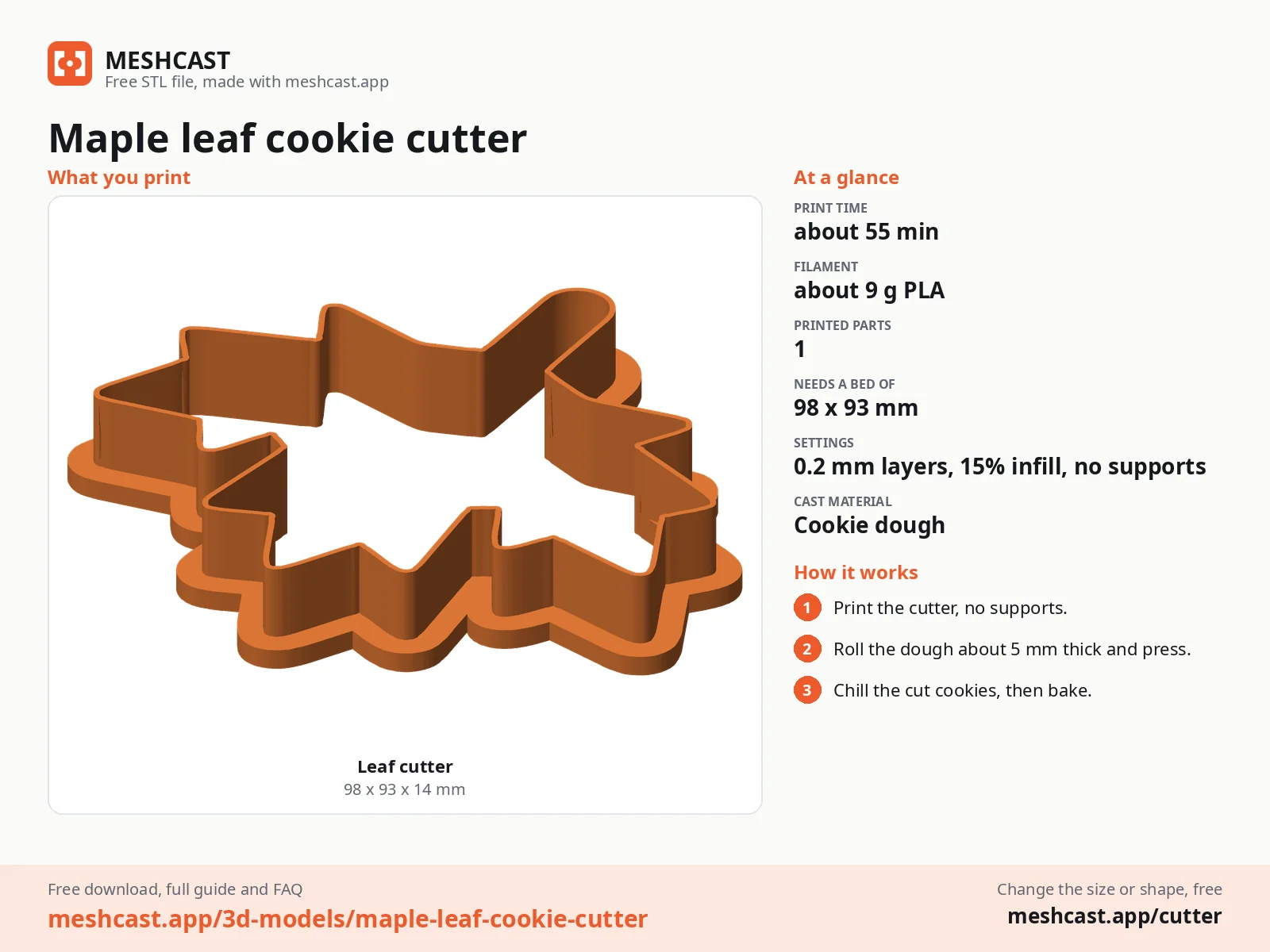 Maple leaf cookie cutter at a glance: every printed part with its size, print time, filament, print settings and the three steps to use it