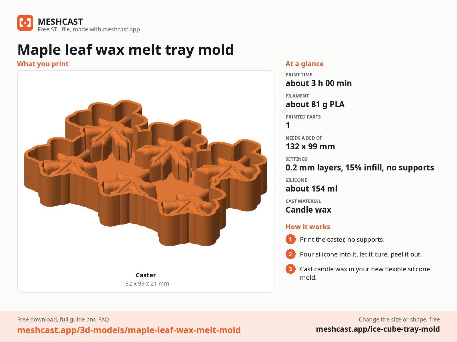 Maple leaf wax melt tray mold at a glance: every printed part with its size, print time, filament, print settings and the three steps to use it