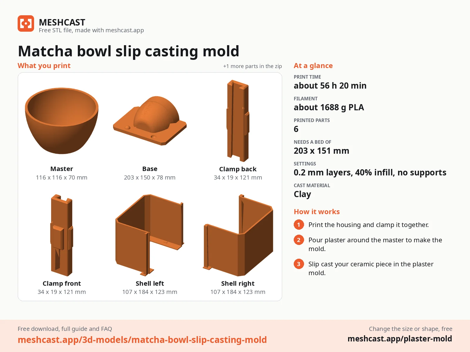 Matcha bowl slip casting mold at a glance: every printed part with its size, print time, filament, print settings and the three steps to use it
