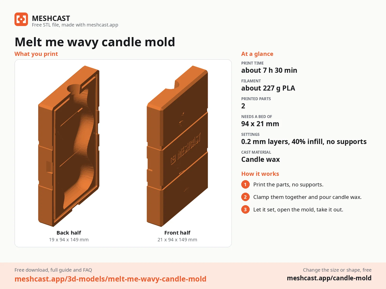 Melt me wavy candle mold at a glance: every printed part with its size, print time, filament, print settings and the three steps to use it