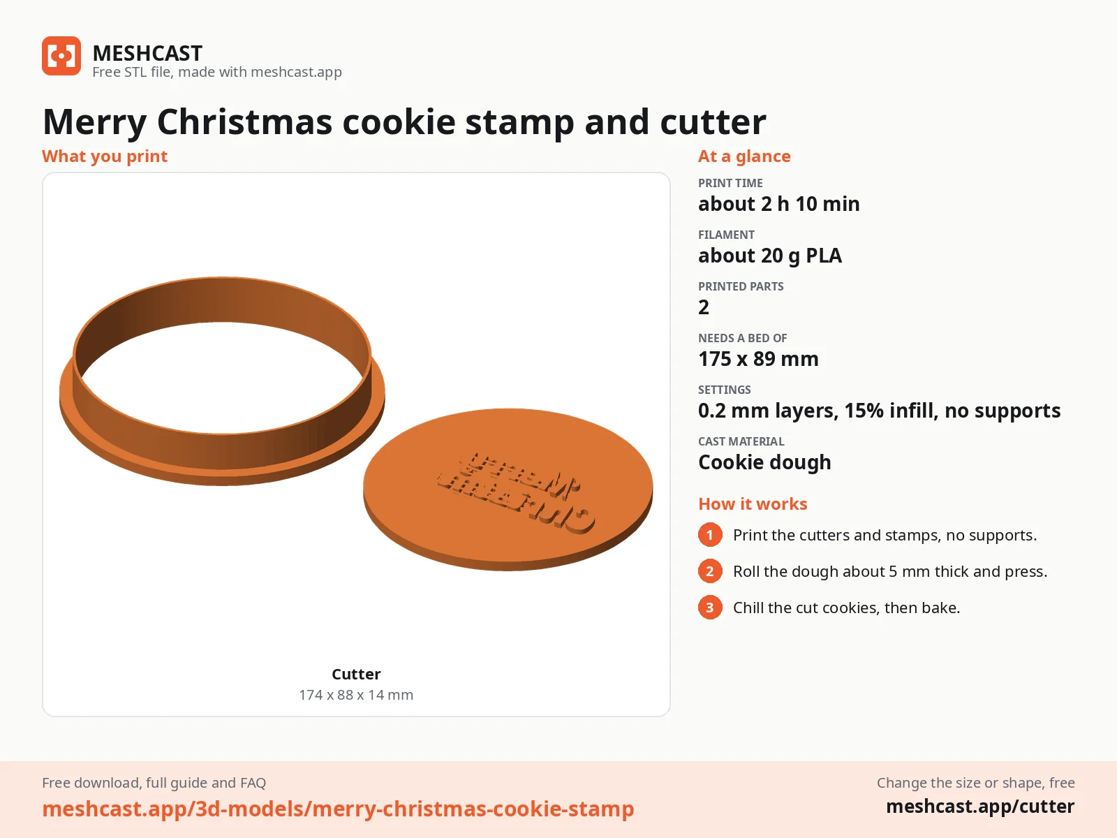 Merry Christmas cookie stamp and cutter at a glance: every printed part with its size, print time, filament, print settings and the three steps to use it