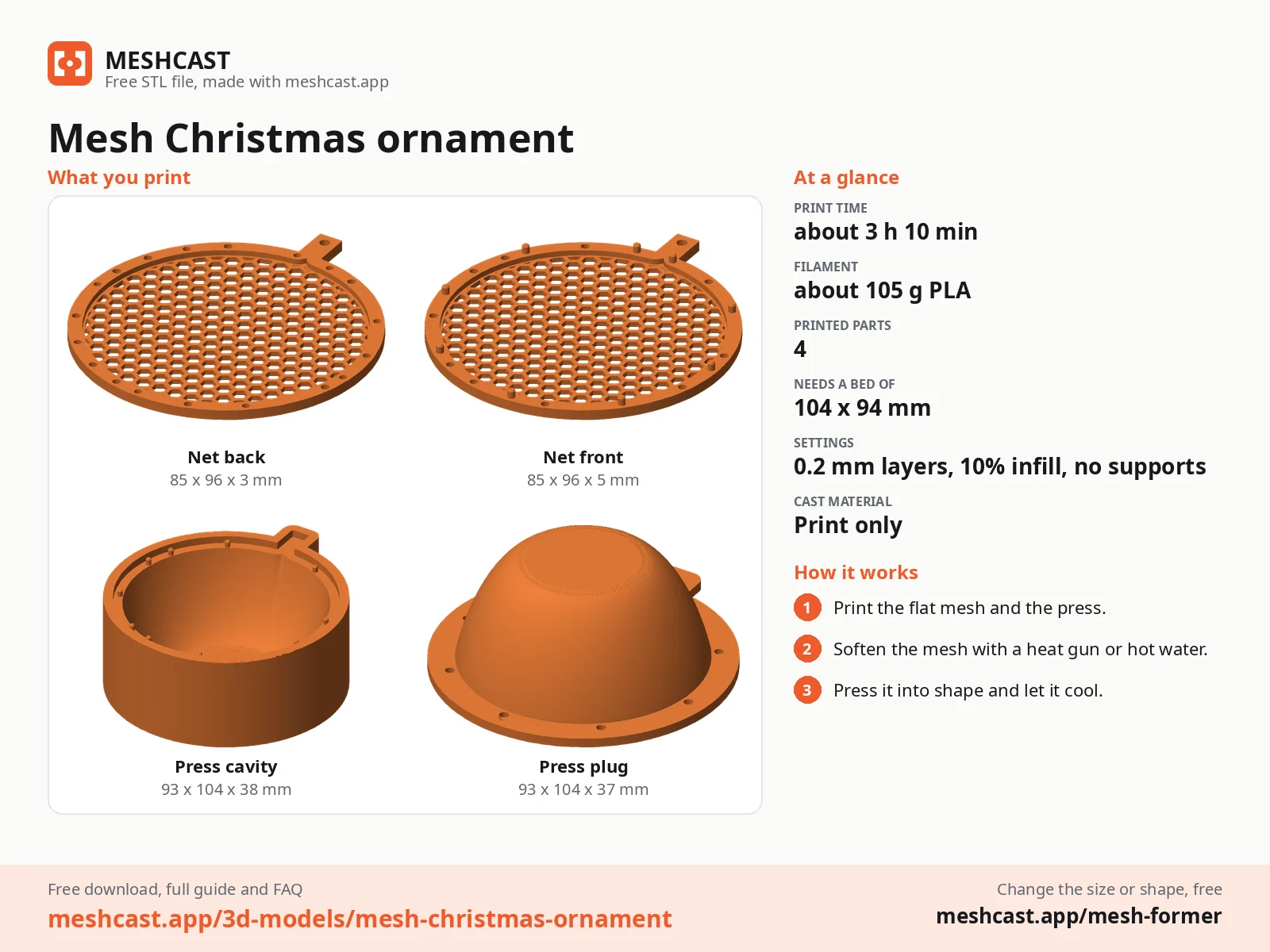 Mesh Christmas ornament at a glance: every printed part with its size, print time, filament, print settings and the three steps to use it