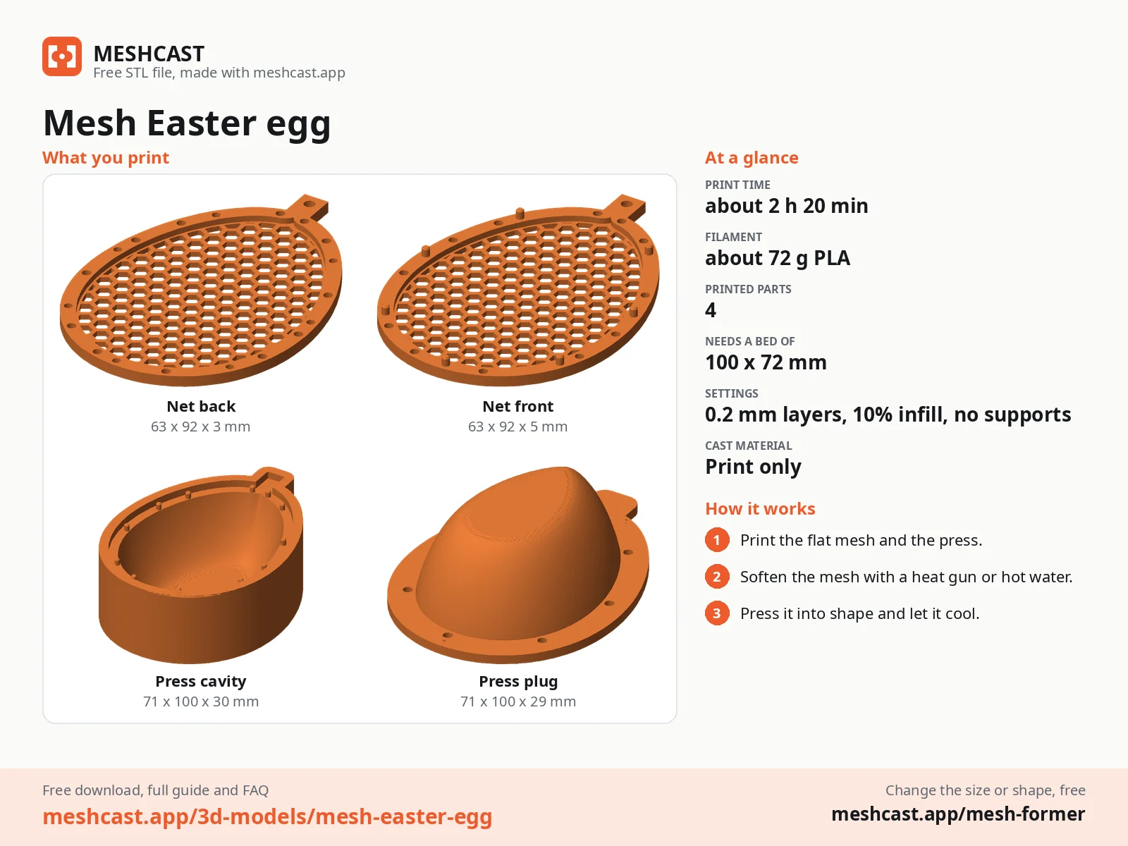 Mesh Easter egg at a glance: every printed part with its size, print time, filament, print settings and the three steps to use it