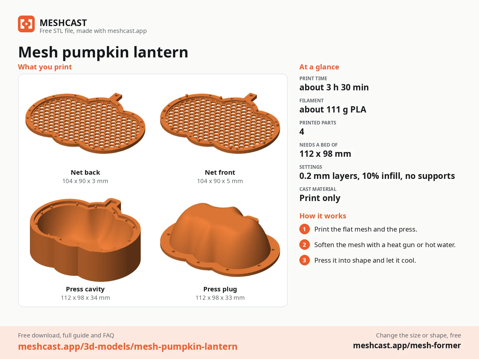Mesh pumpkin lantern at a glance: every printed part with its size, print time, filament, print settings and the three steps to use it