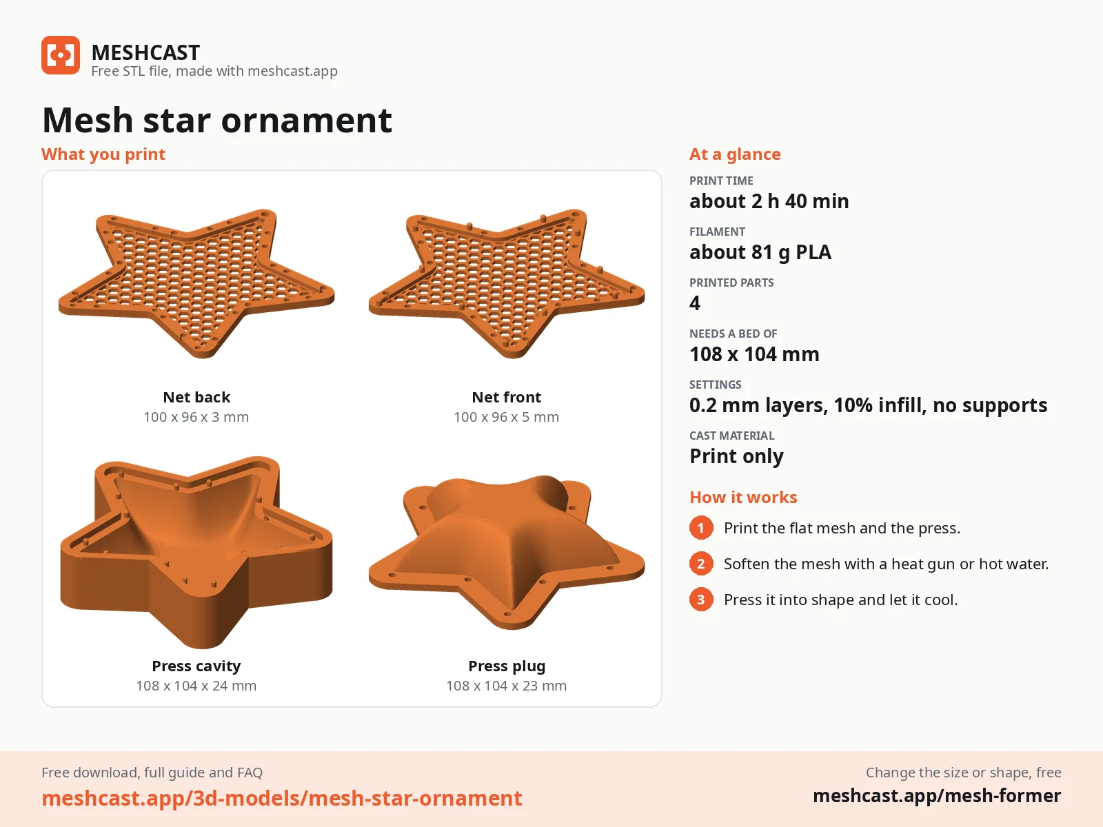 At a glance sheet for Mesh star ornament: every printed part, print time, filament and the three steps
