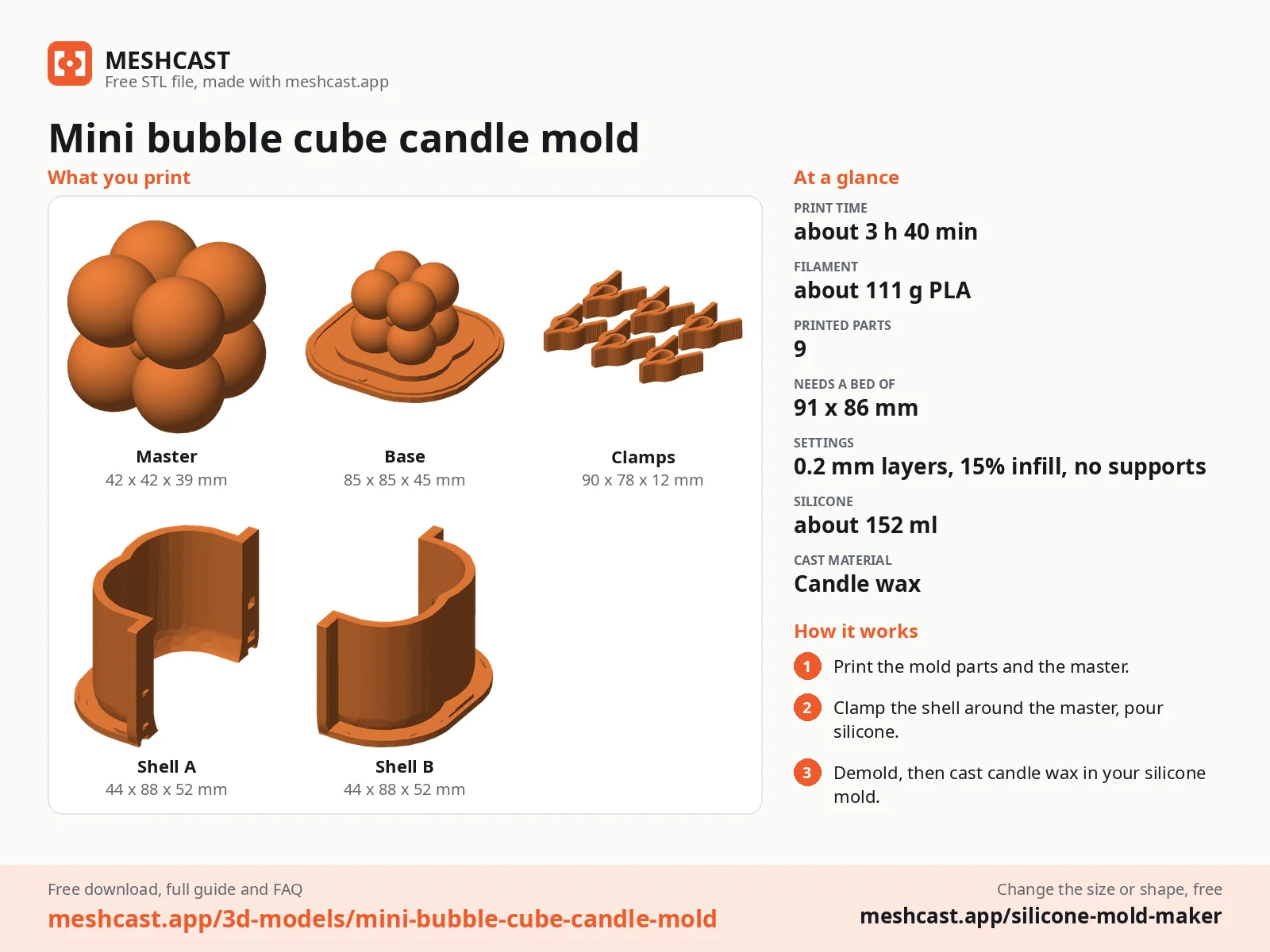 Mini bubble cube candle mold at a glance: every printed part with its size, print time, filament, print settings and the three steps to use it