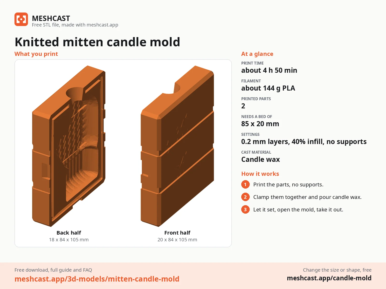 Knitted mitten candle mold at a glance: every printed part with its size, print time, filament, print settings and the three steps to use it