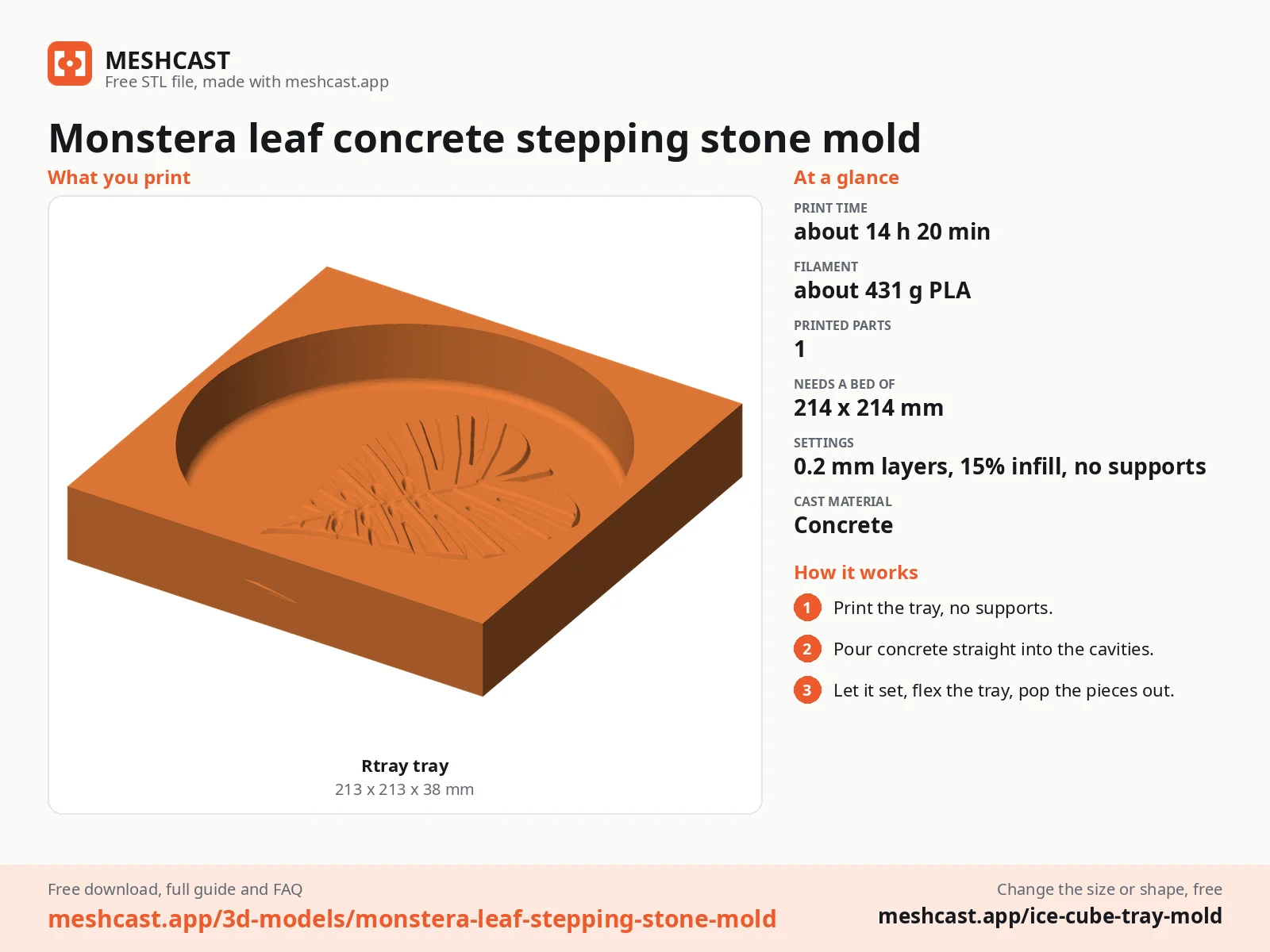 Monstera leaf concrete stepping stone mold at a glance: every printed part with its size, print time, filament, print settings and the three steps to use it