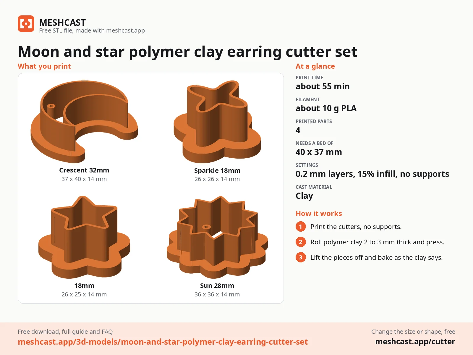 Moon and star polymer clay earring cutter set at a glance: every printed part with its size, print time, filament, print settings and the three steps to use it