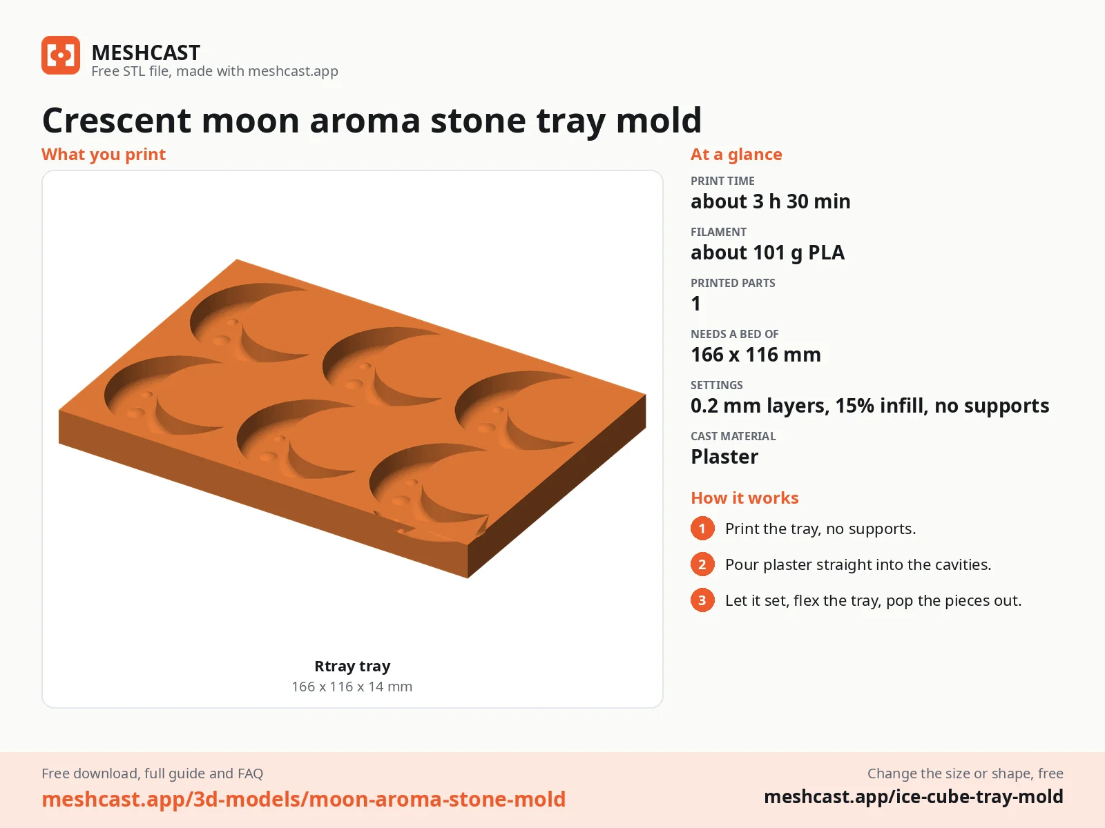 Crescent moon aroma stone tray mold at a glance: every printed part with its size, print time, filament, print settings and the three steps to use it