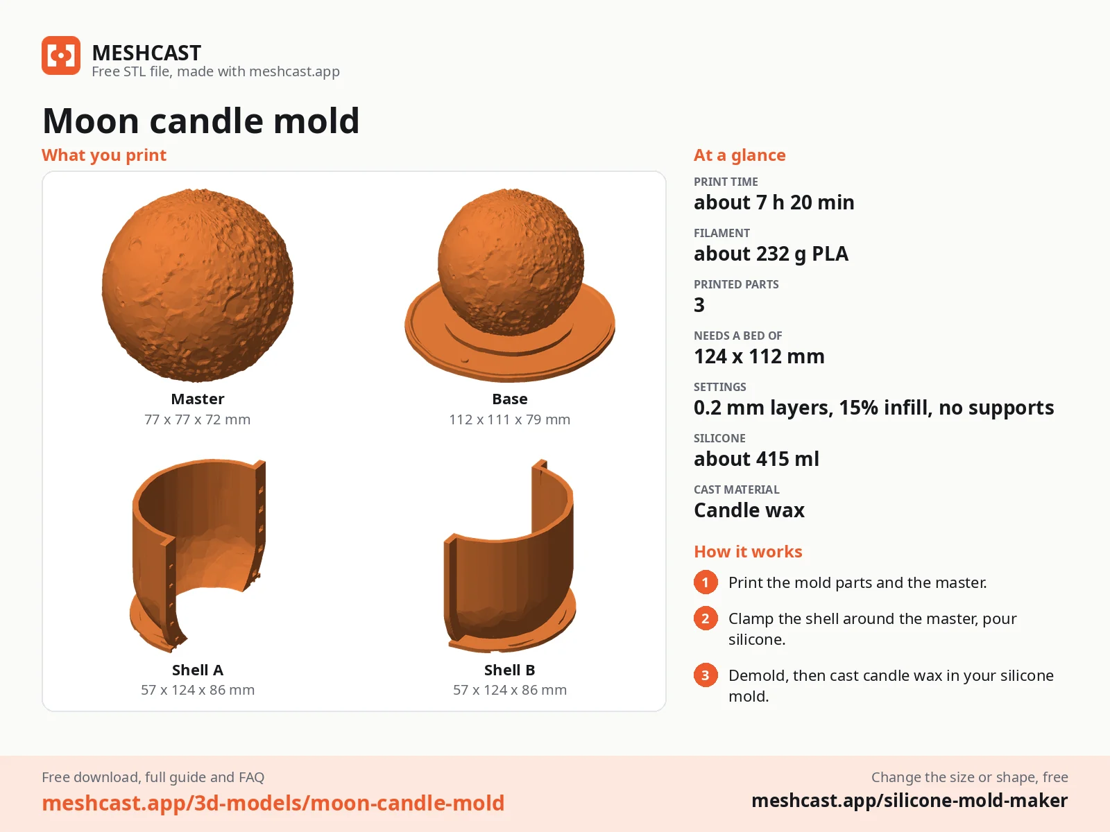 Moon candle mold at a glance: every printed part with its size, print time, filament, print settings and the three steps to use it