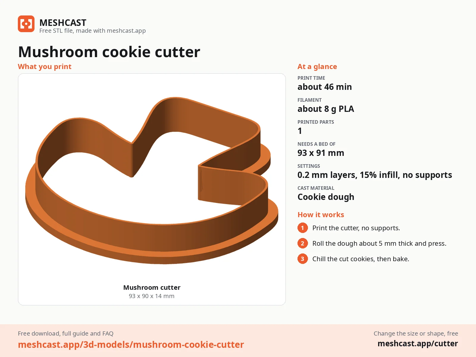Mushroom cookie cutter at a glance: every printed part with its size, print time, filament, print settings and the three steps to use it