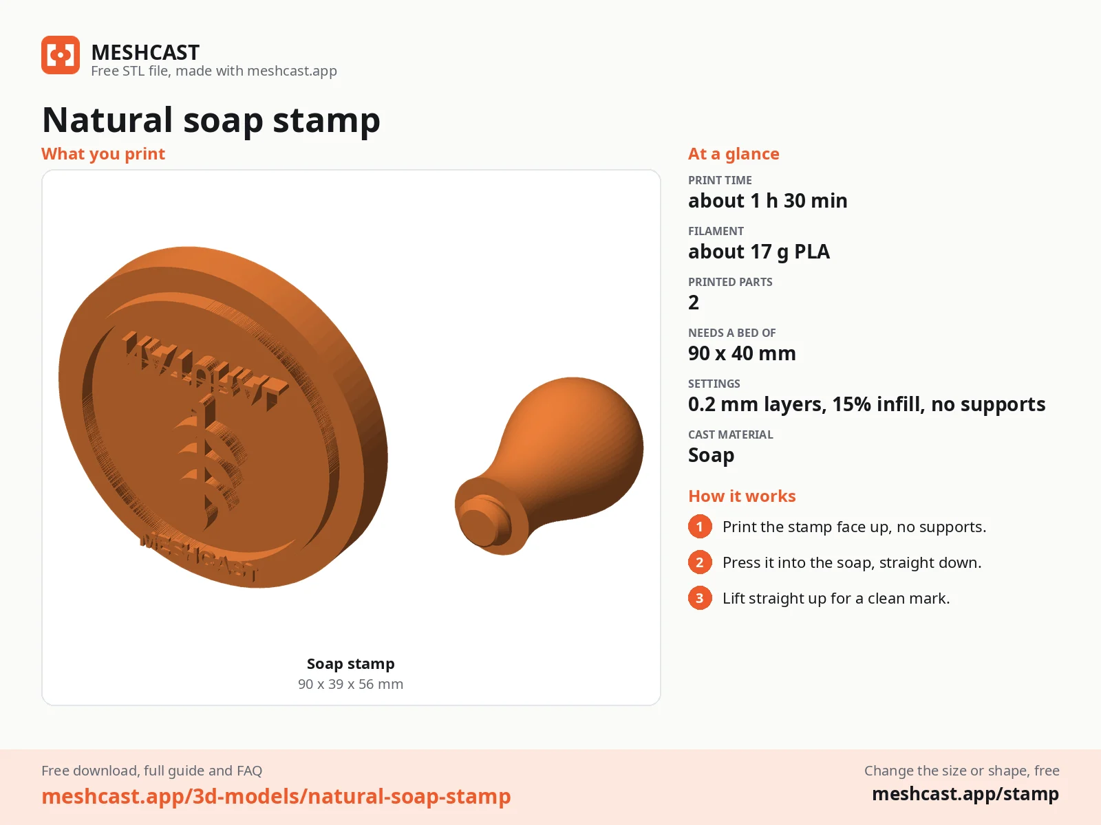 Natural soap stamp at a glance: every printed part with its size, print time, filament, print settings and the three steps to use it