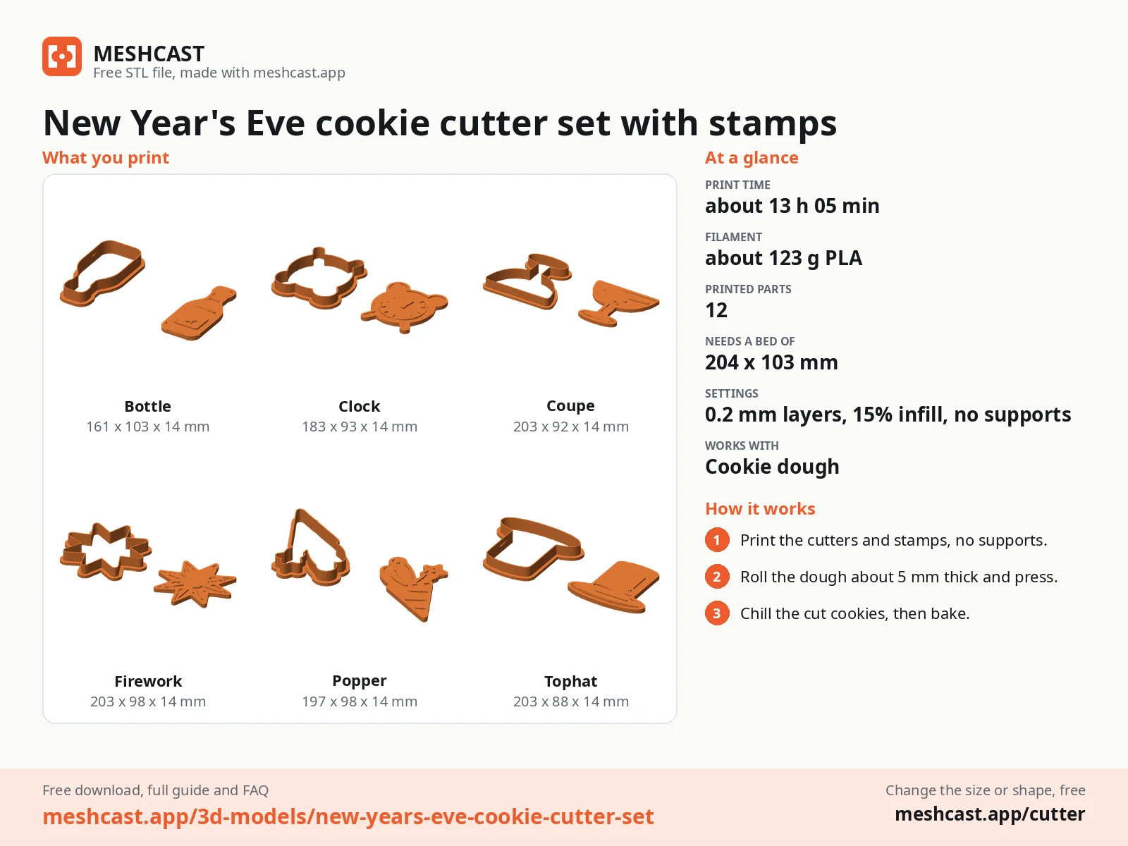 New Year's Eve cookie cutter set with stamps at a glance: every printed part with its size, print time, filament, print settings and the three steps to use it