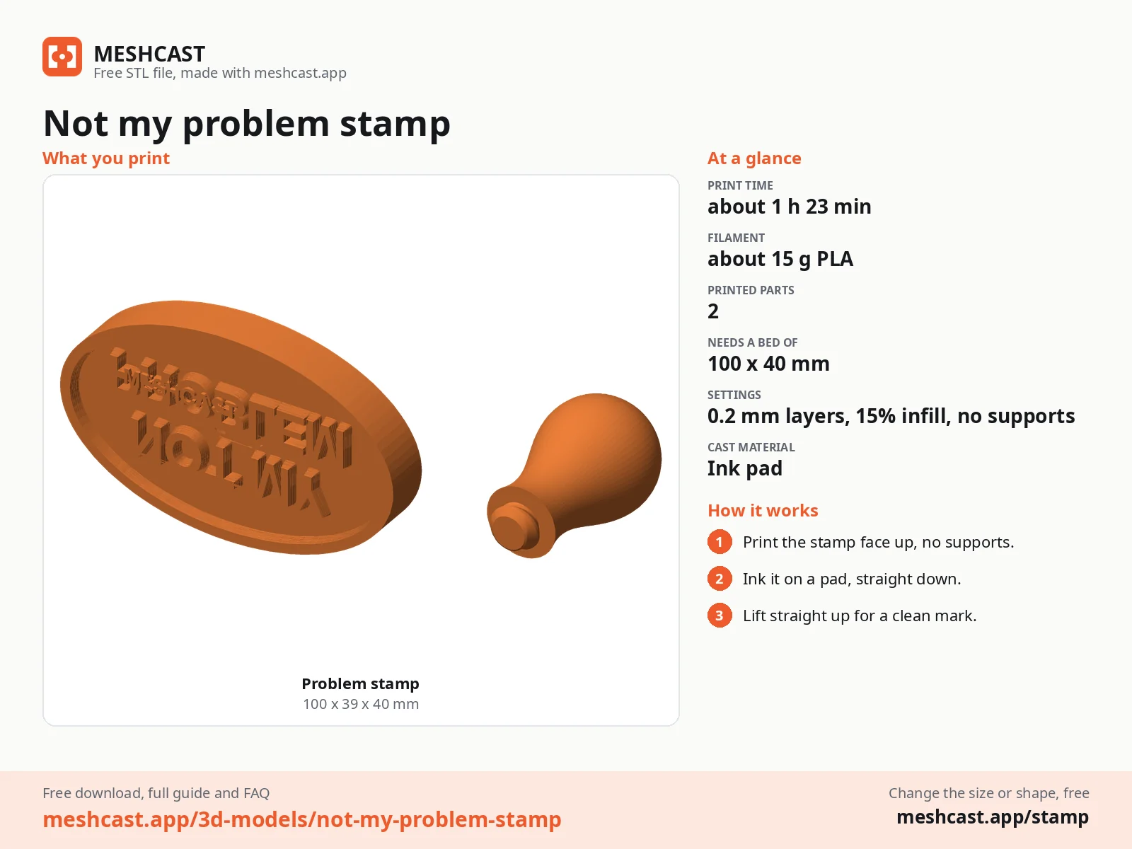 Not my problem stamp at a glance: every printed part with its size, print time, filament, print settings and the three steps to use it