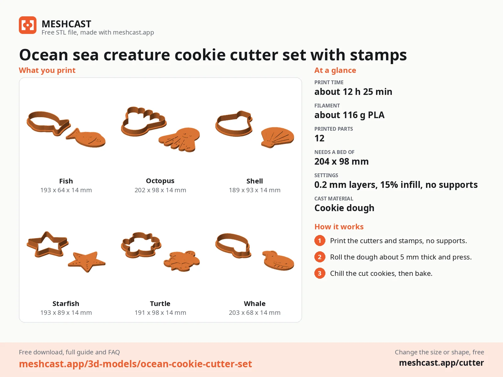 Ocean sea creature cookie cutter set with stamps at a glance: every printed part with its size, print time, filament, print settings and the three steps to use it