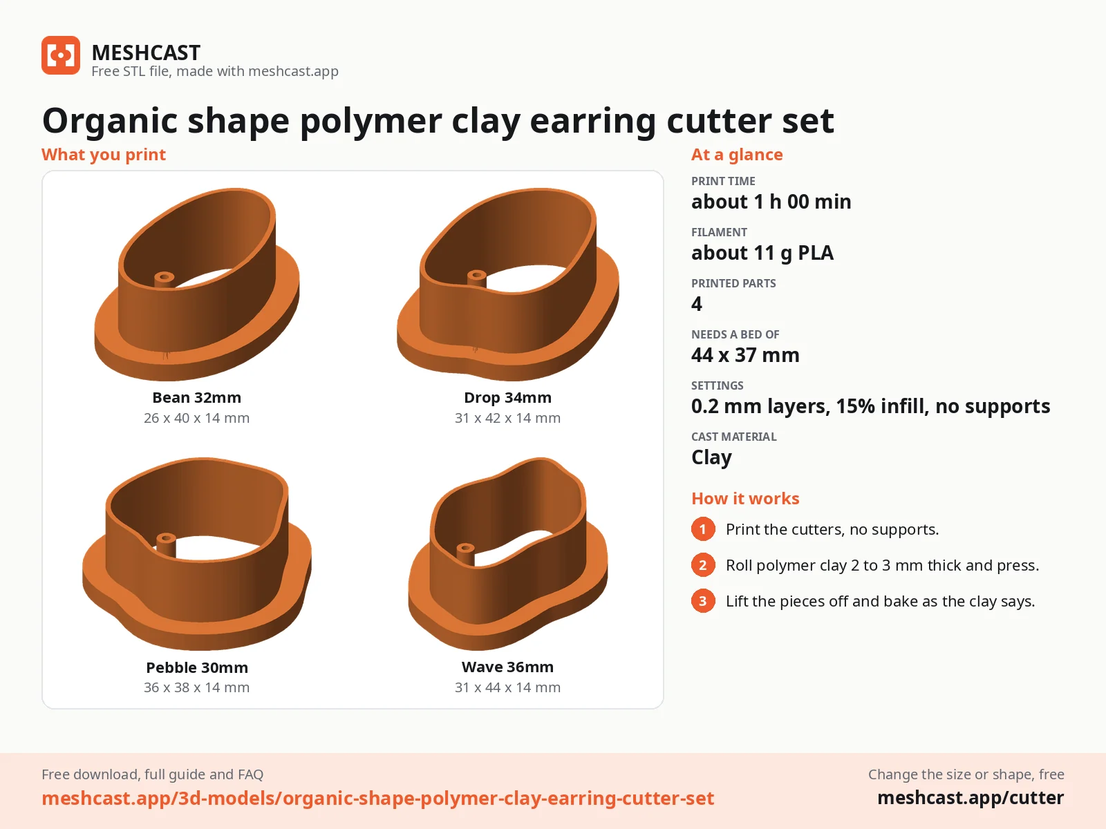 Organic shape polymer clay earring cutter set at a glance: every printed part with its size, print time, filament, print settings and the three steps to use it