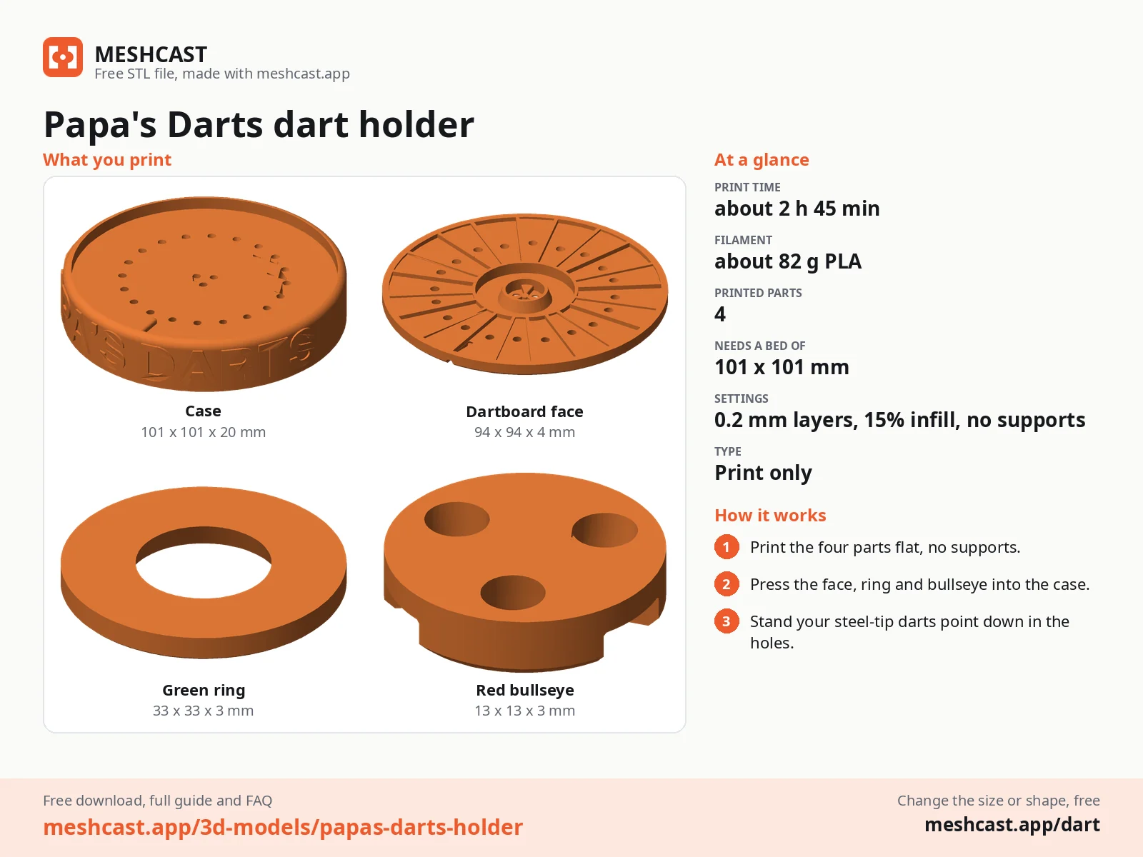 Papa's Darts dart holder at a glance: every printed part with its size, print time, filament, print settings and the three steps to use it
