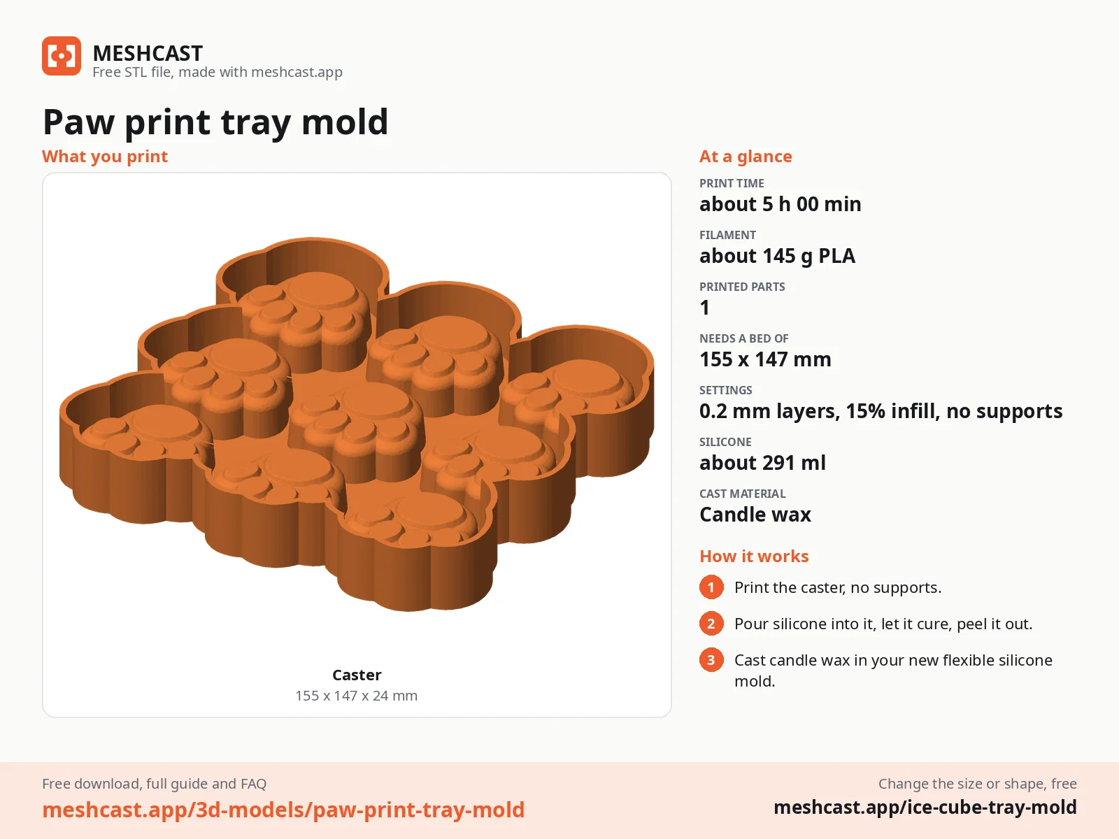 Paw print tray mold at a glance: every printed part with its size, print time, filament, print settings and the three steps to use it