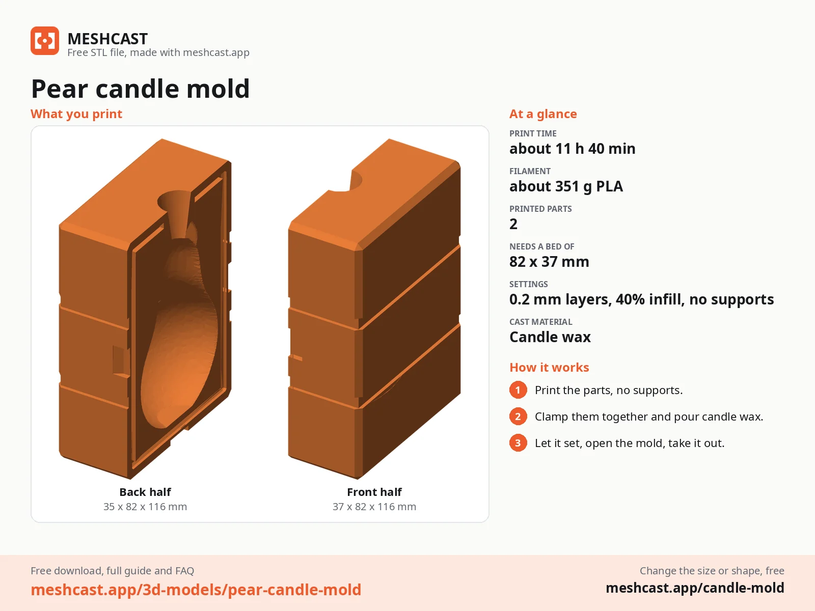 Pear candle mold at a glance: every printed part with its size, print time, filament, print settings and the three steps to use it
