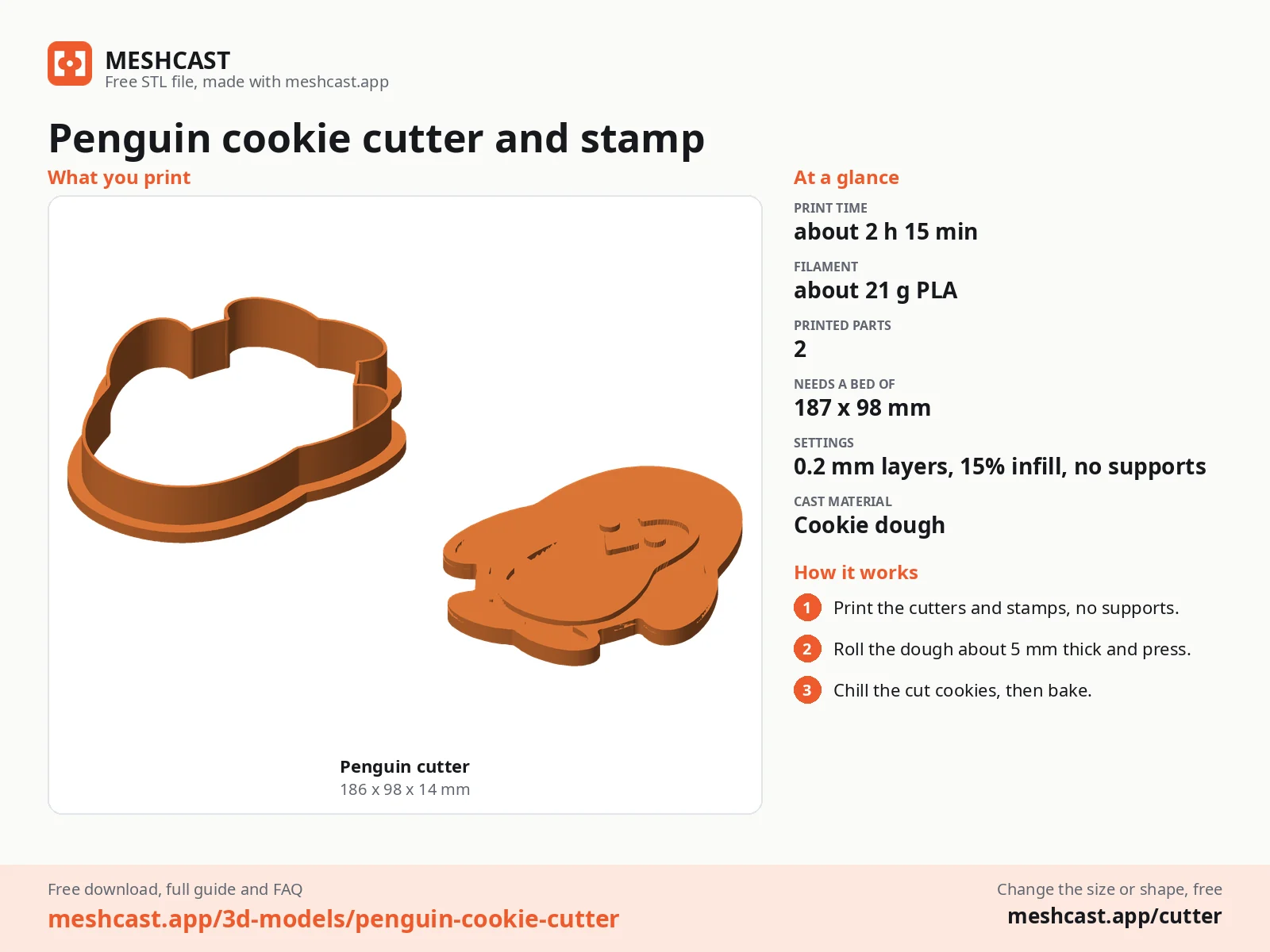 Penguin cookie cutter and stamp at a glance: every printed part with its size, print time, filament, print settings and the three steps to use it