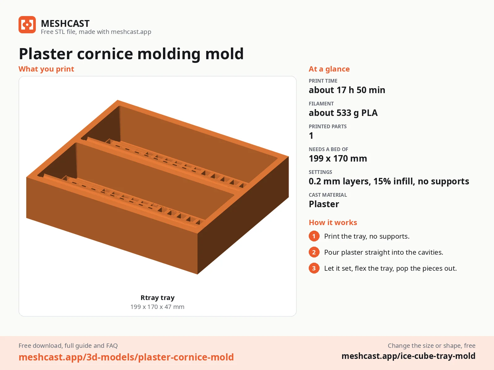 Plaster cornice molding mold at a glance: every printed part with its size, print time, filament, print settings and the three steps to use it