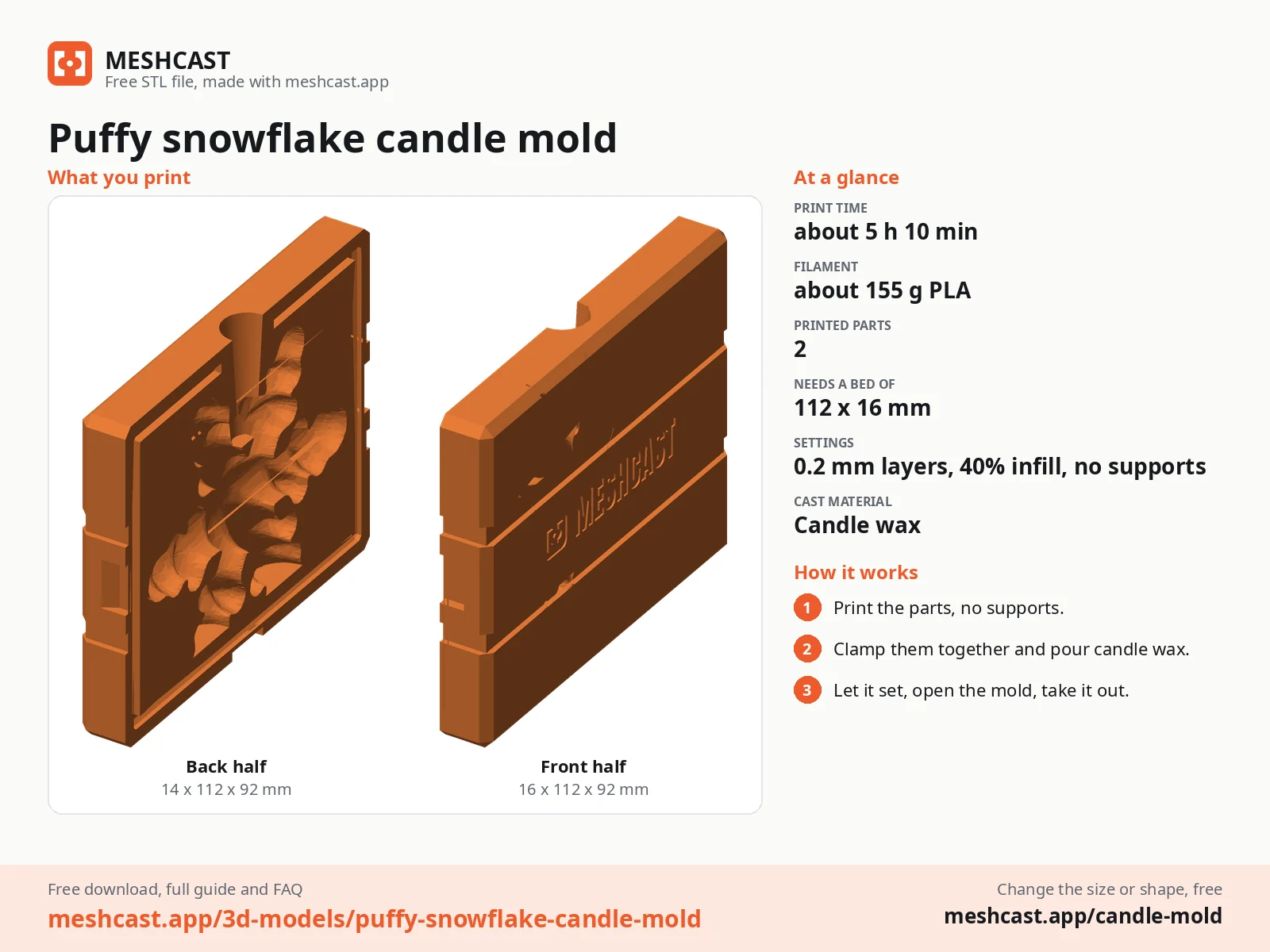 Puffy snowflake candle mold at a glance: every printed part with its size, print time, filament, print settings and the three steps to use it