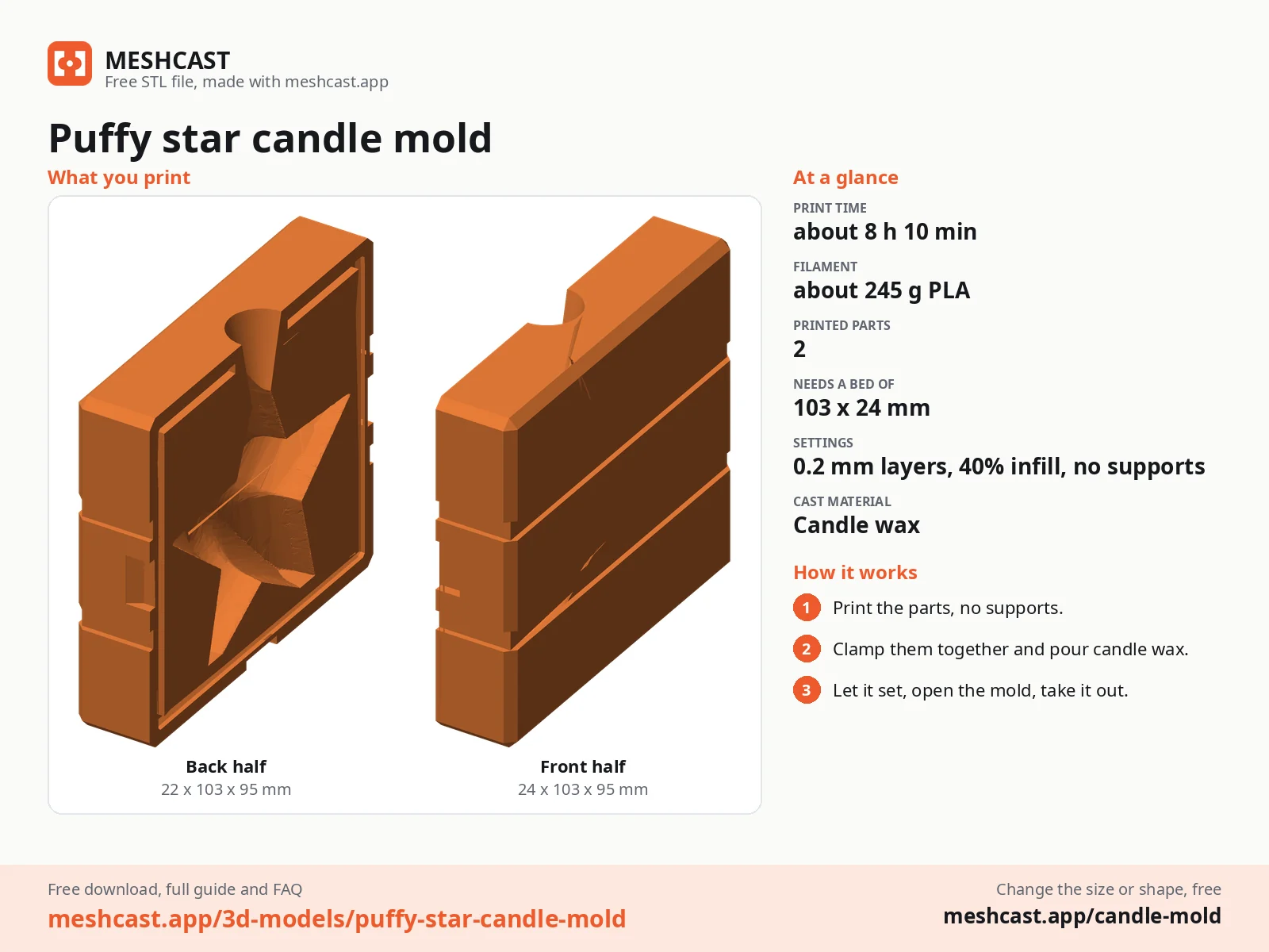Puffy star candle mold at a glance: every printed part with its size, print time, filament, print settings and the three steps to use it