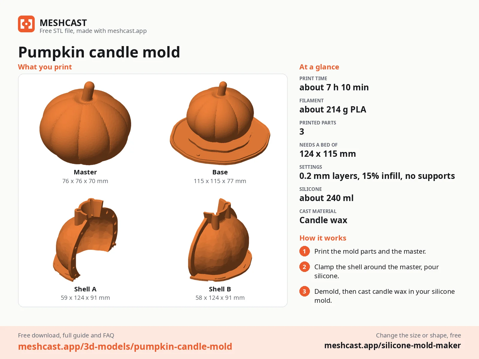 Pumpkin candle mold at a glance: every printed part with its size, print time, filament, print settings and the three steps to use it